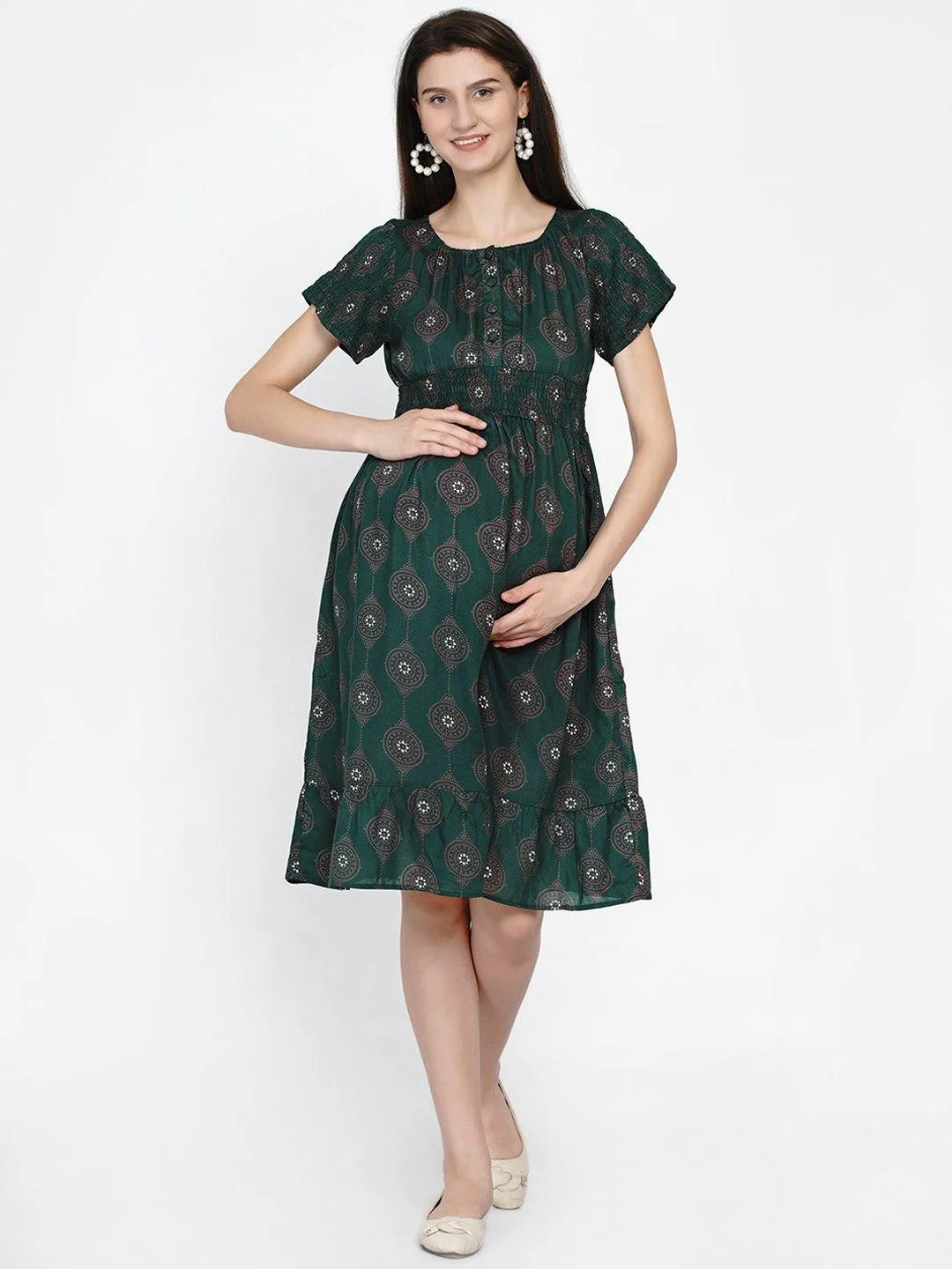 Green Geometric Printed Maternity and Nursing Midi Dress