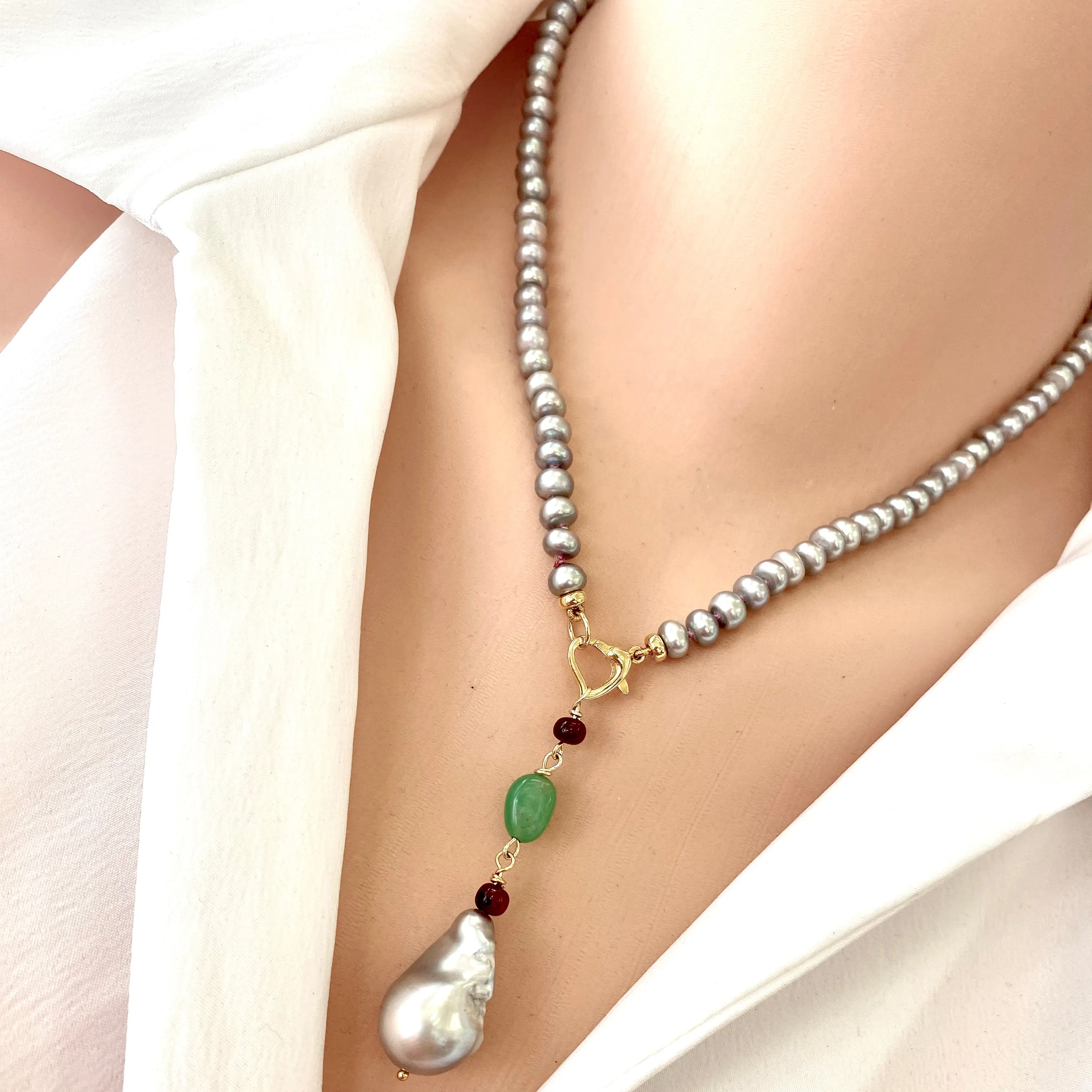 Grey Button Shape Pearl Necklace, Ruby, Chrysoprase & Baroque Pearl Removable Pendant, Gold Vermeil, 18in