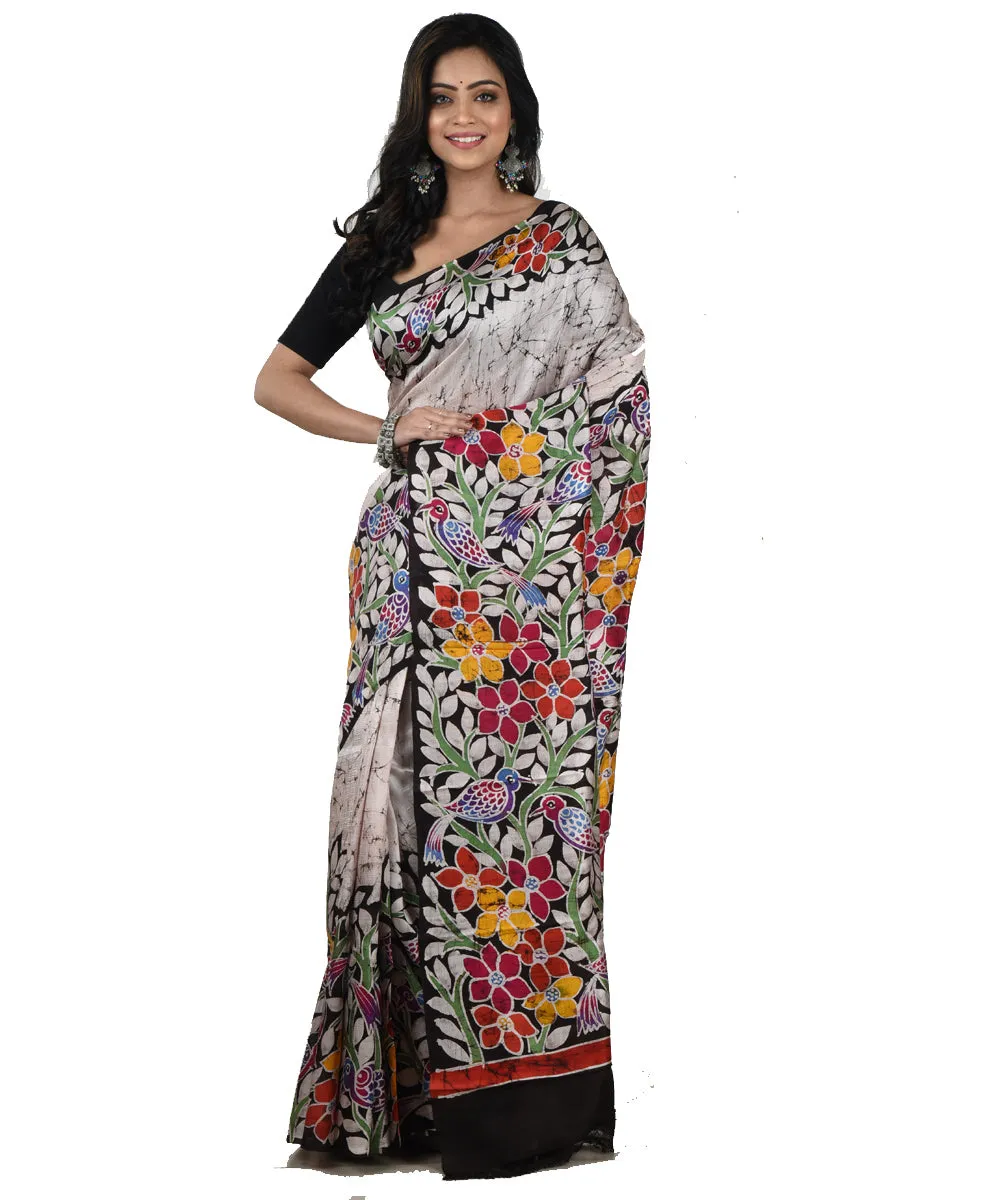 Grey multicolor silk handloom batik print saree