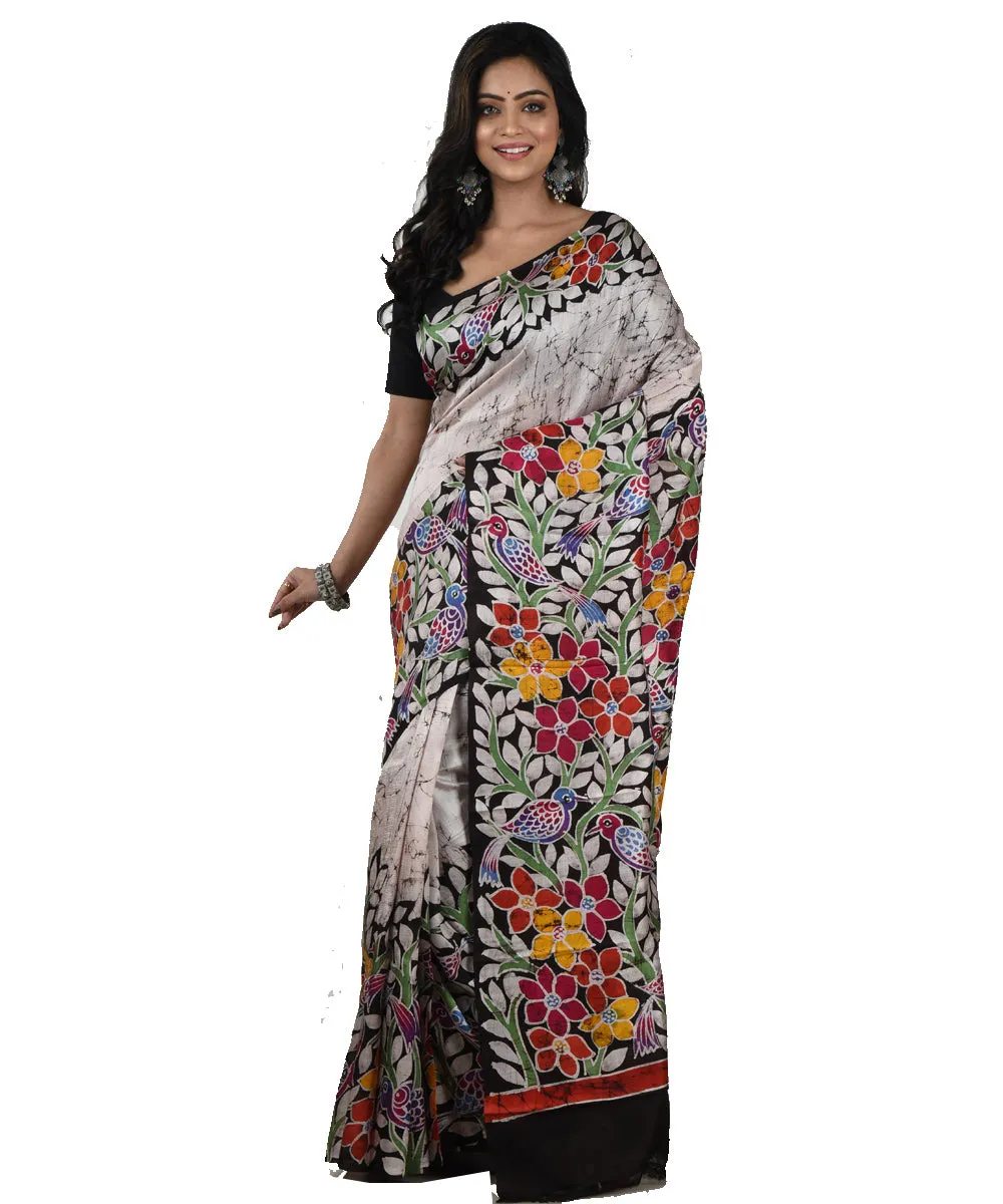 Grey multicolor silk handloom batik print saree