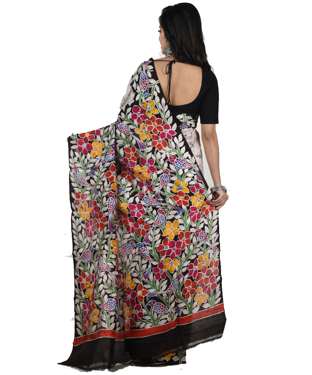 Grey multicolor silk handloom batik print saree