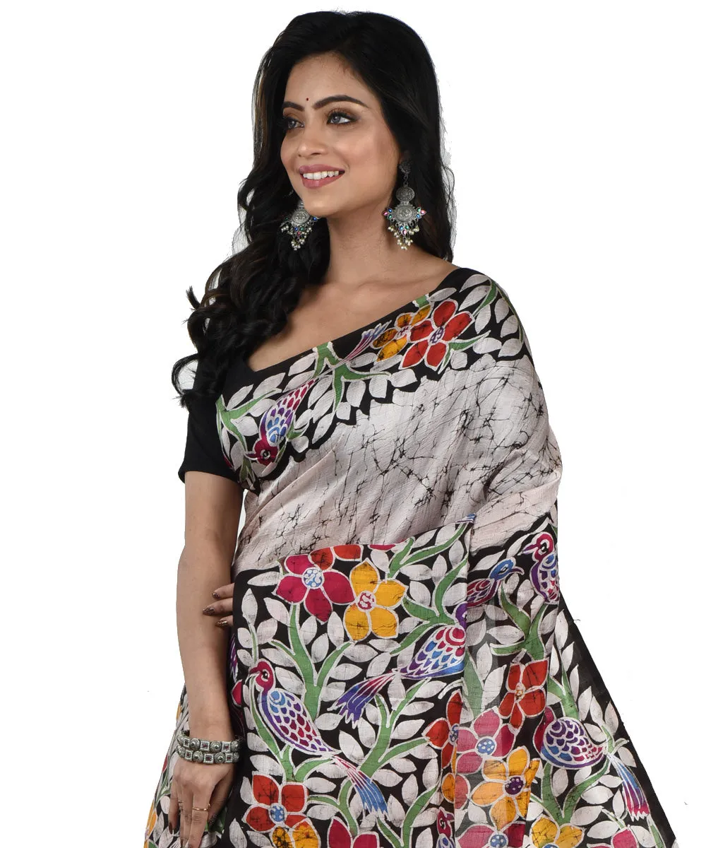 Grey multicolor silk handloom batik print saree