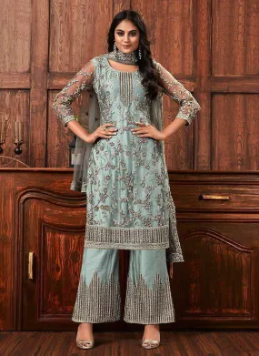 Grey Net Embroidered Floral Design Pattern Straight Heavy Party Wear Suit