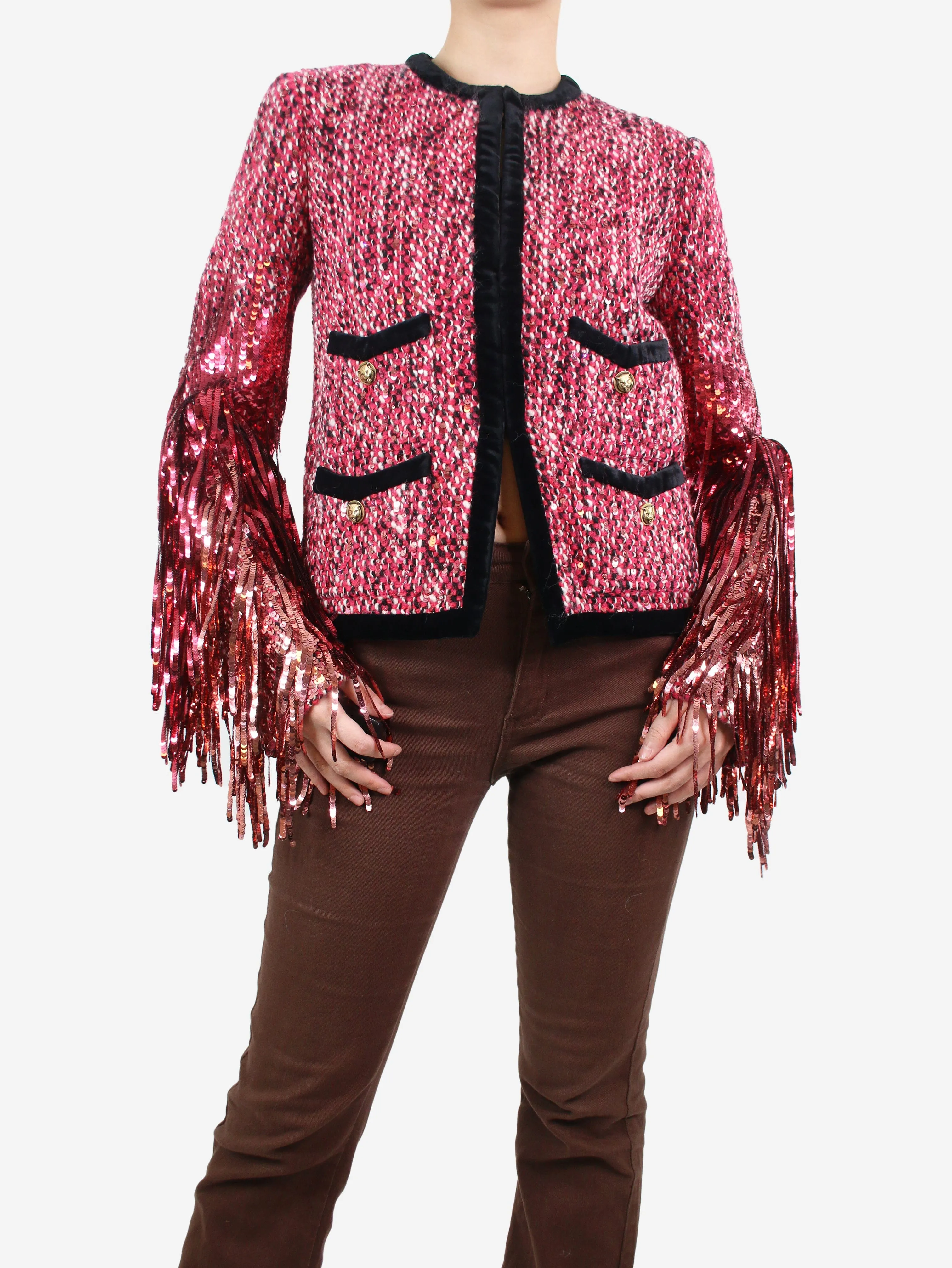 Gucci Pink sequin fringed wool tweed jacket - size UK 6