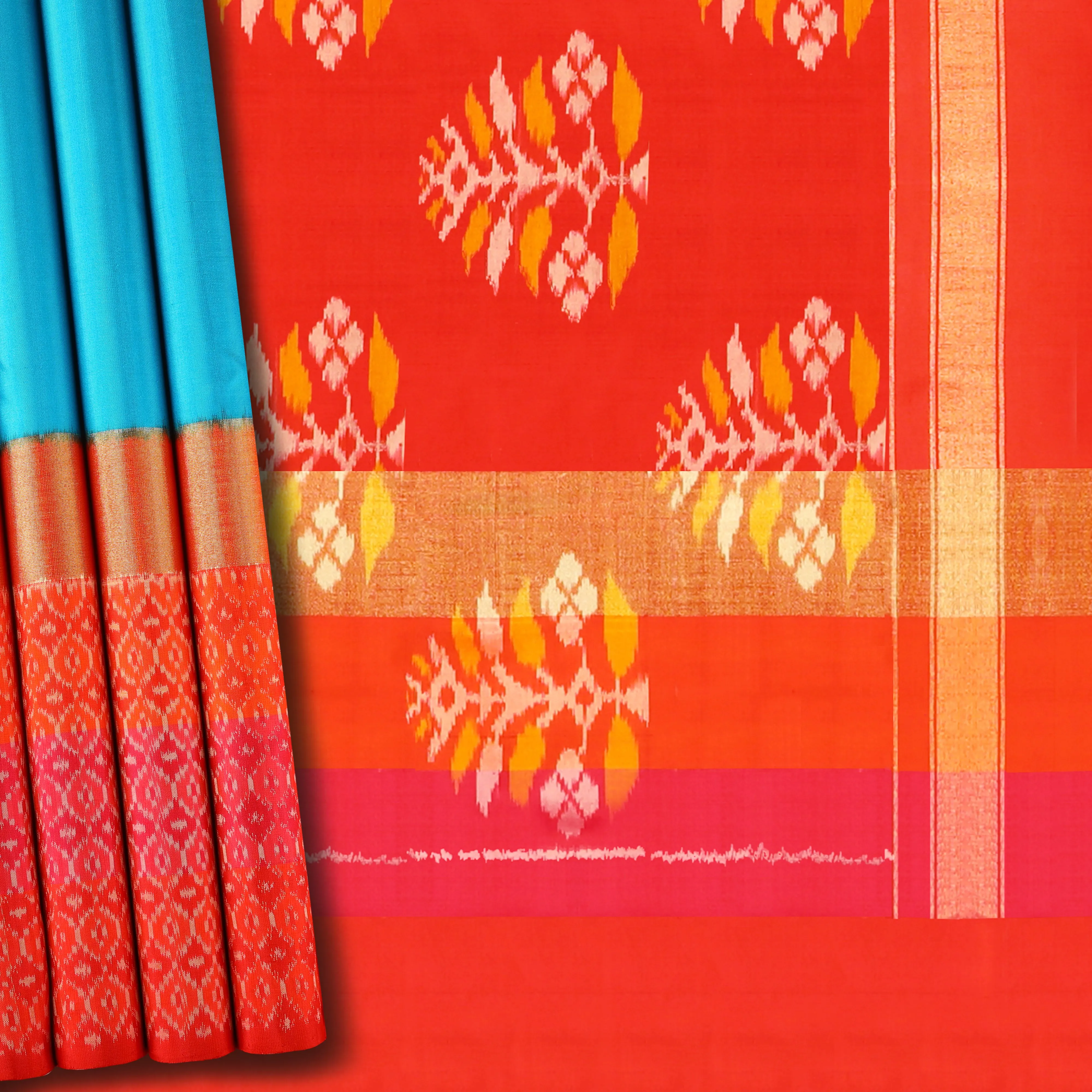 Handwoven Blue with Orange Ikat Silk Saree - 418T000410DSC