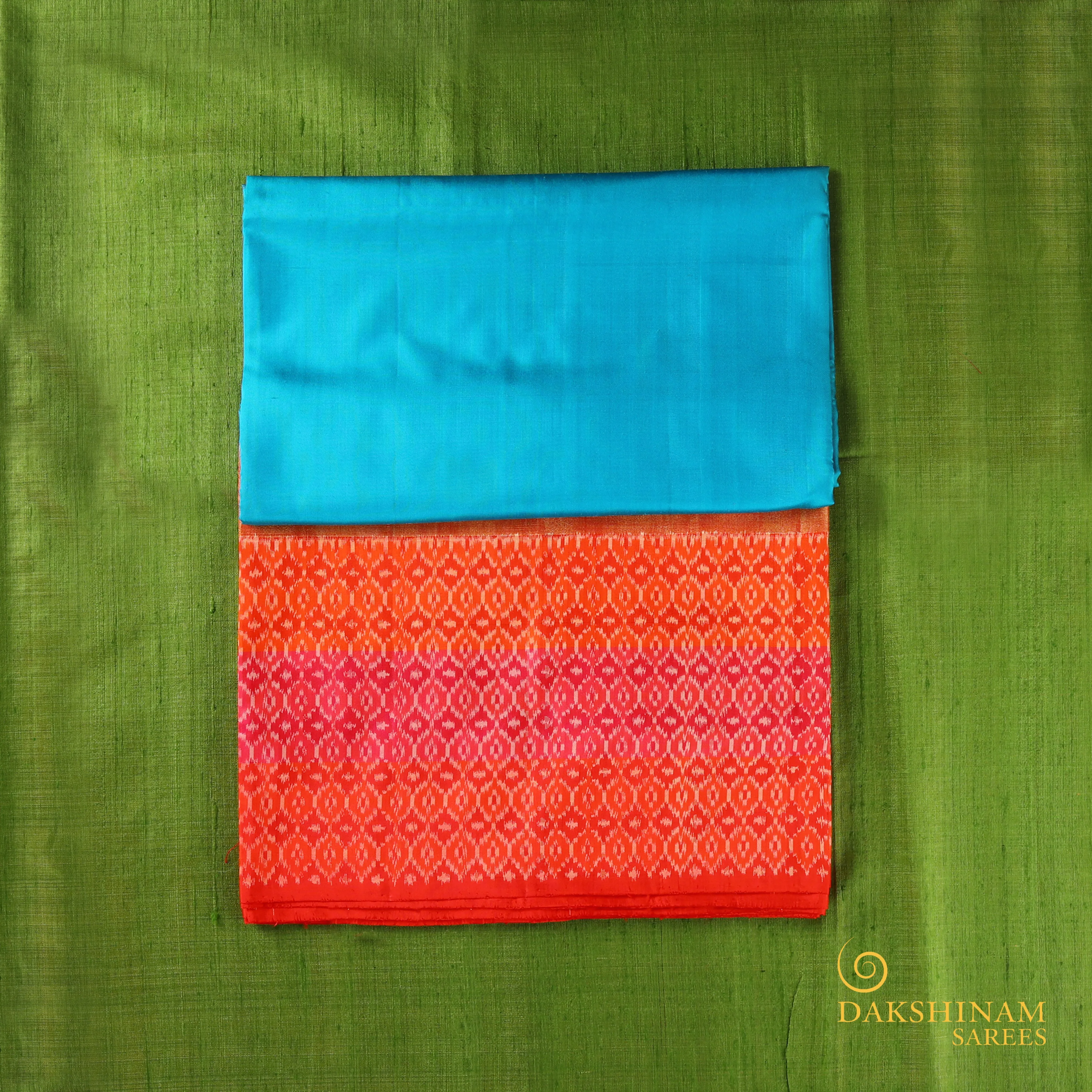 Handwoven Blue with Orange Ikat Silk Saree - 418T000410DSC