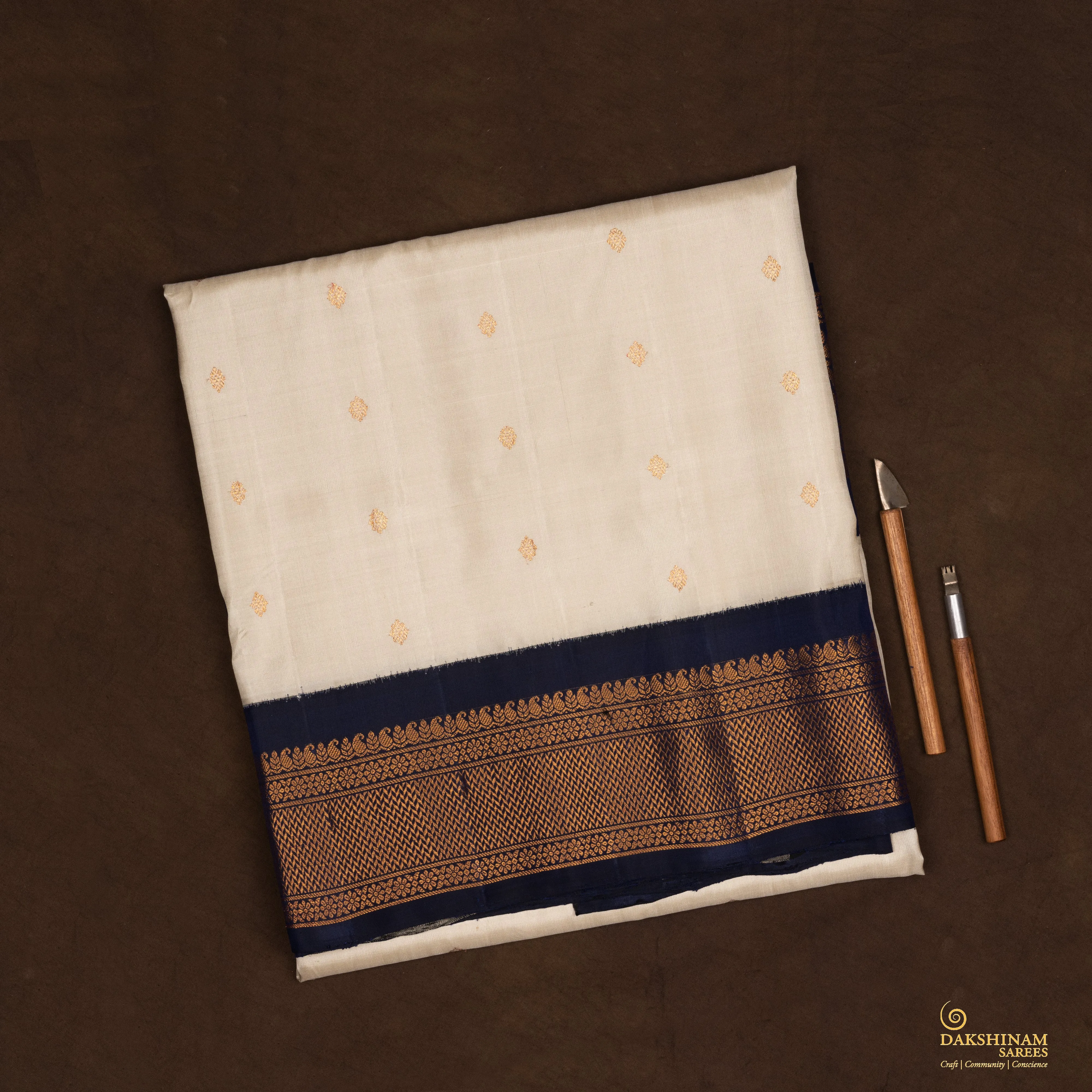 Handwoven Cream with Blue Gadwal Silk Saree - 2035T010270DSC