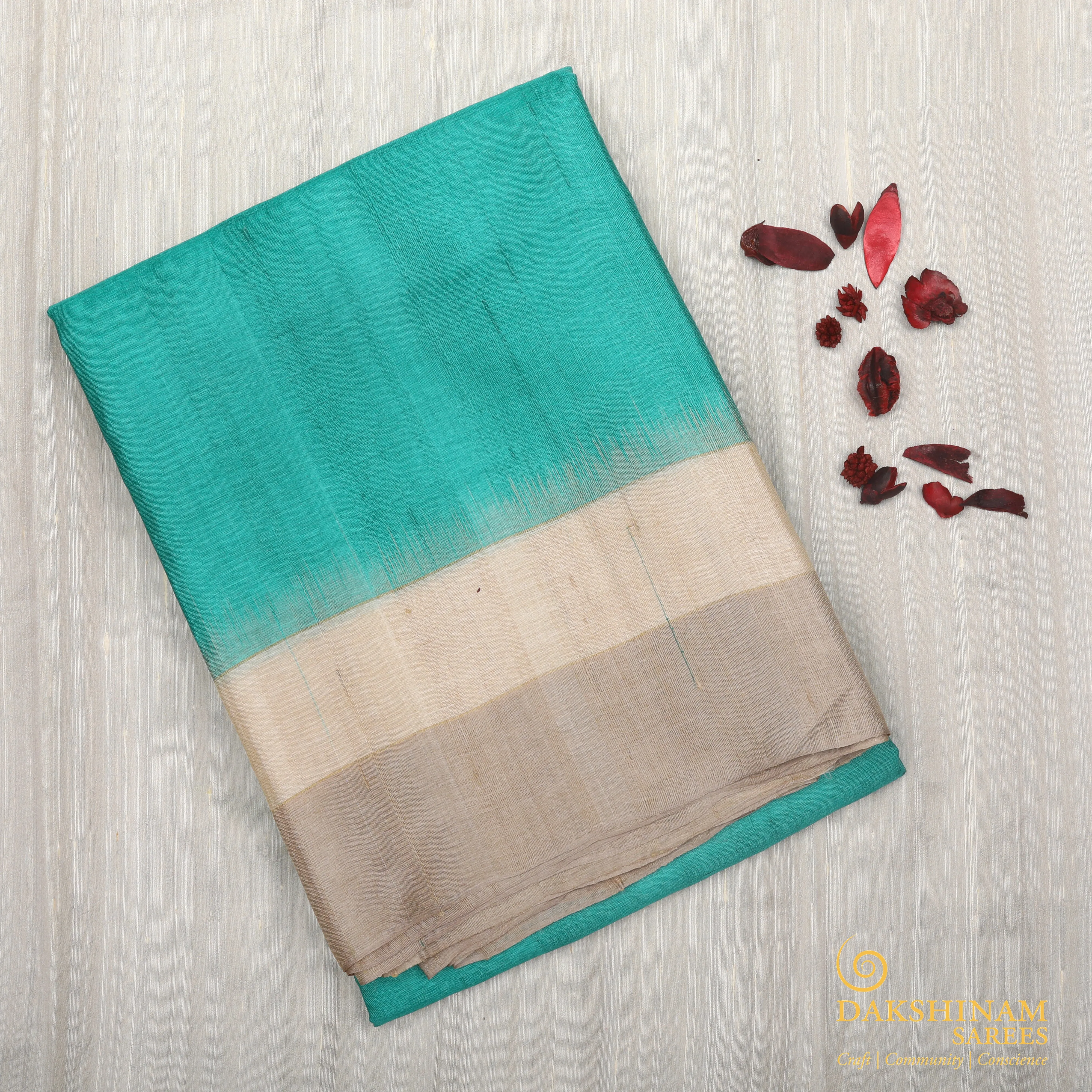 Handwoven Green with Beige and Off-white Tussar Silk Saree - 1285T000915DSC