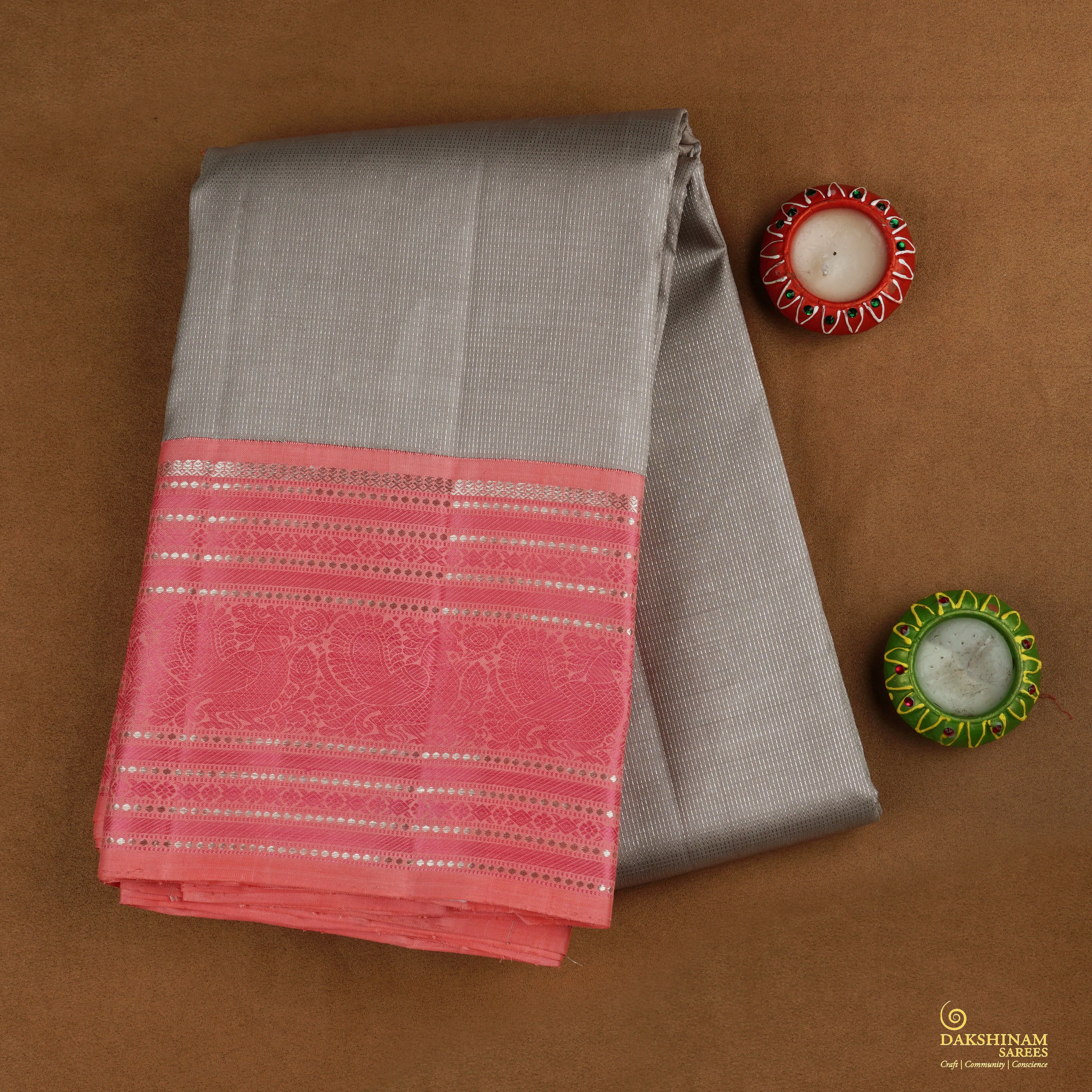 Handwoven Grey with Pink Kanjivaram Silk Saree - 1978T008670DSC