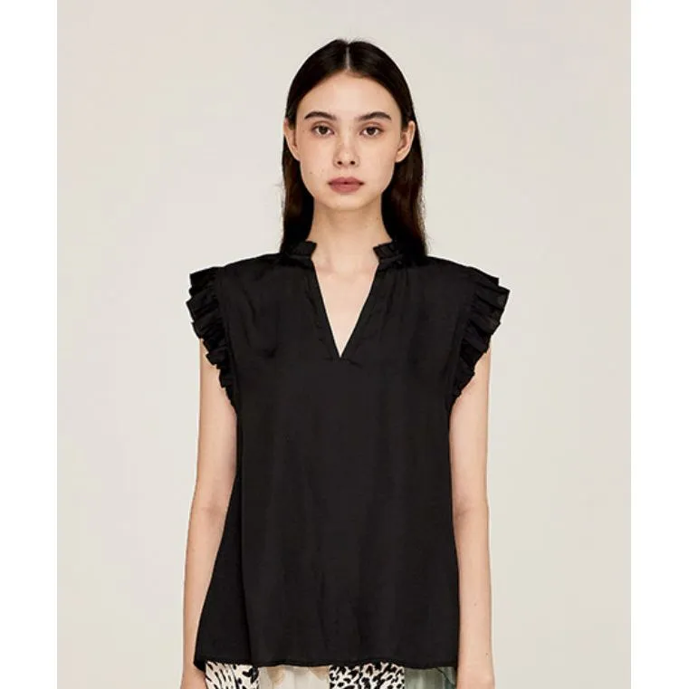 Jenna Grade and Gather Black Ruffle Sleeve Satin Blouse