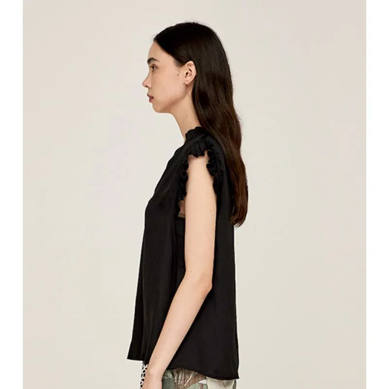 Jenna Grade and Gather Black Ruffle Sleeve Satin Blouse