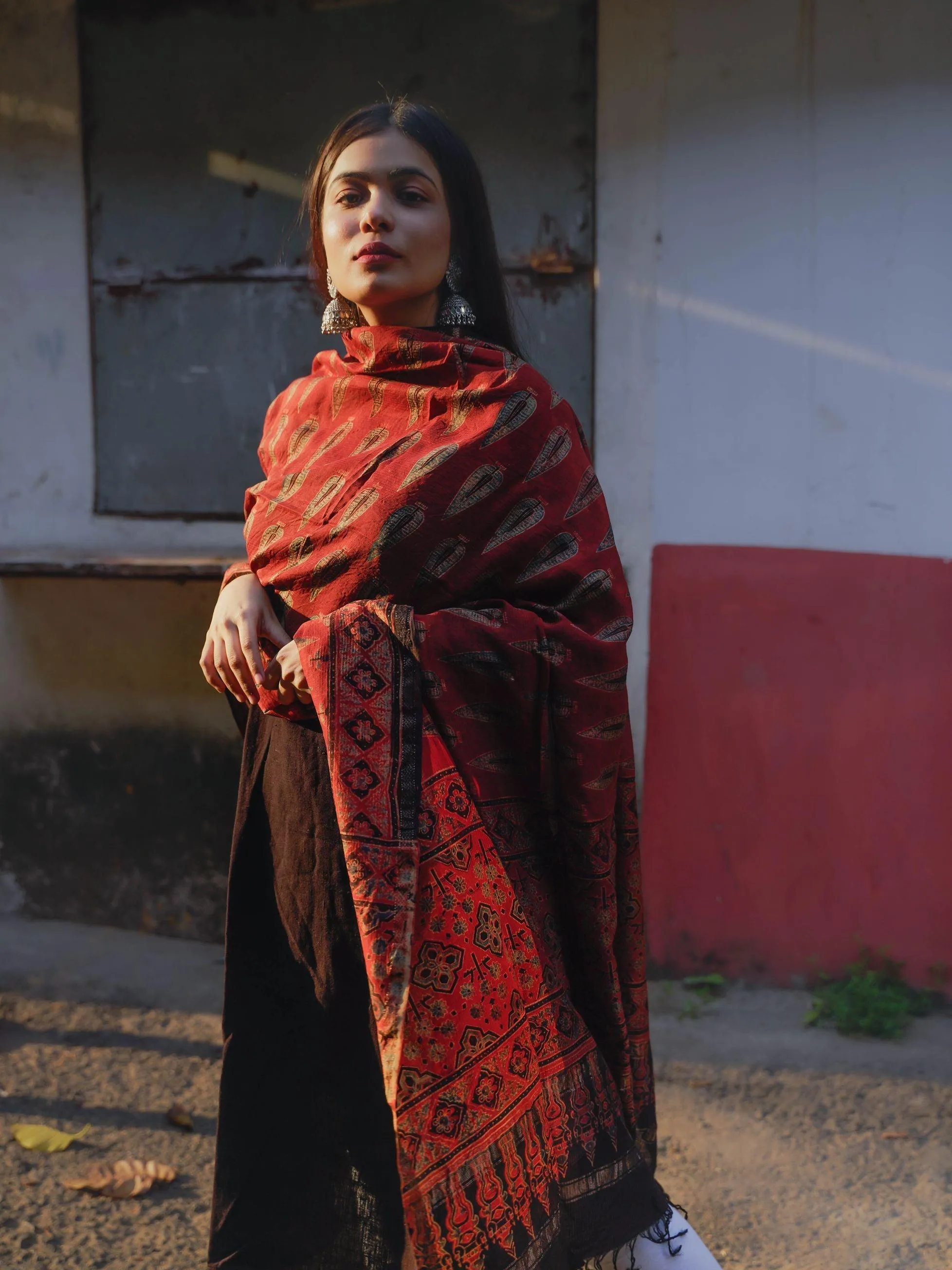 Kaisori Ajrakh Red Silk cotton dupatta