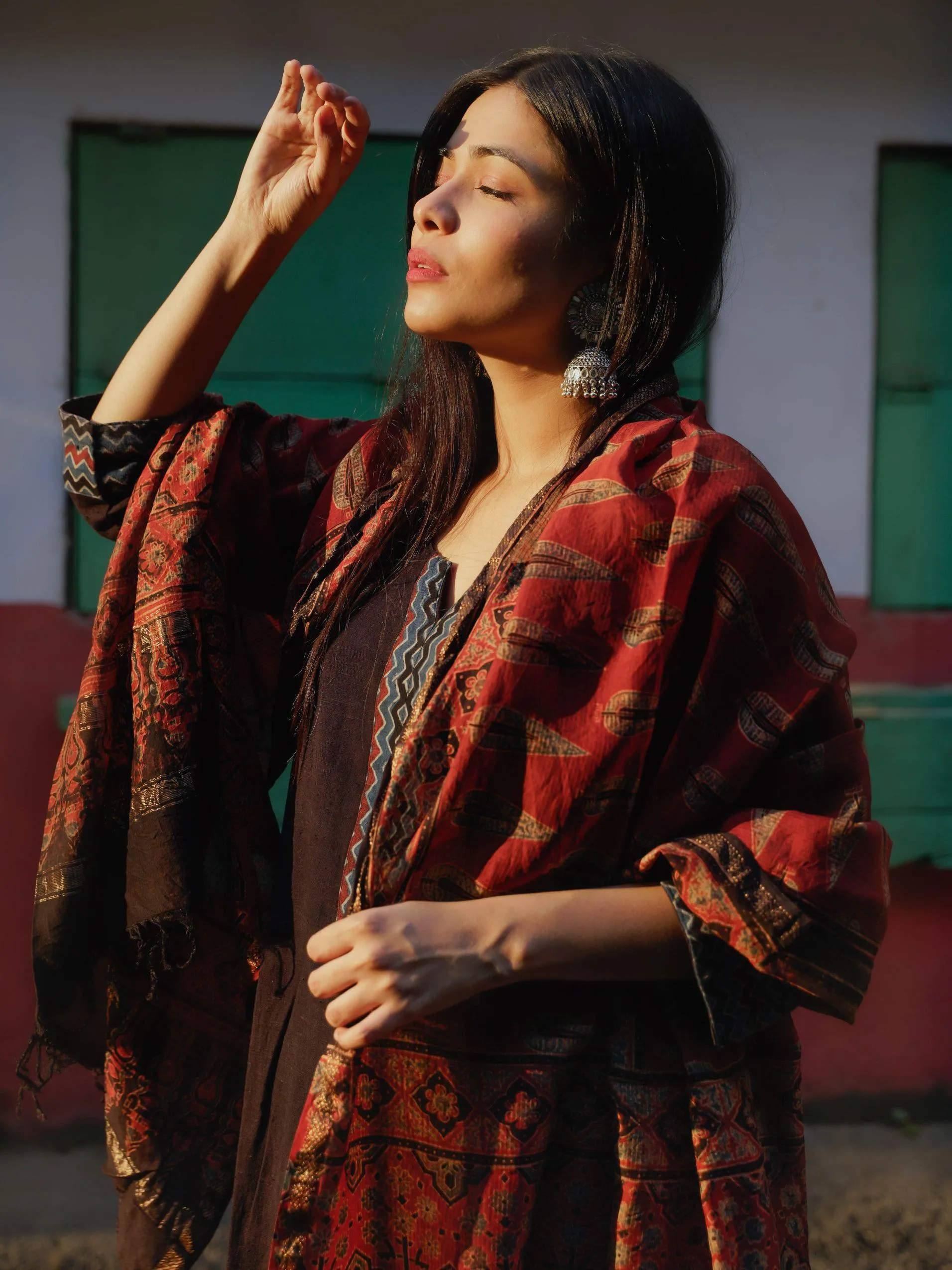 Kaisori Ajrakh Red Silk cotton dupatta