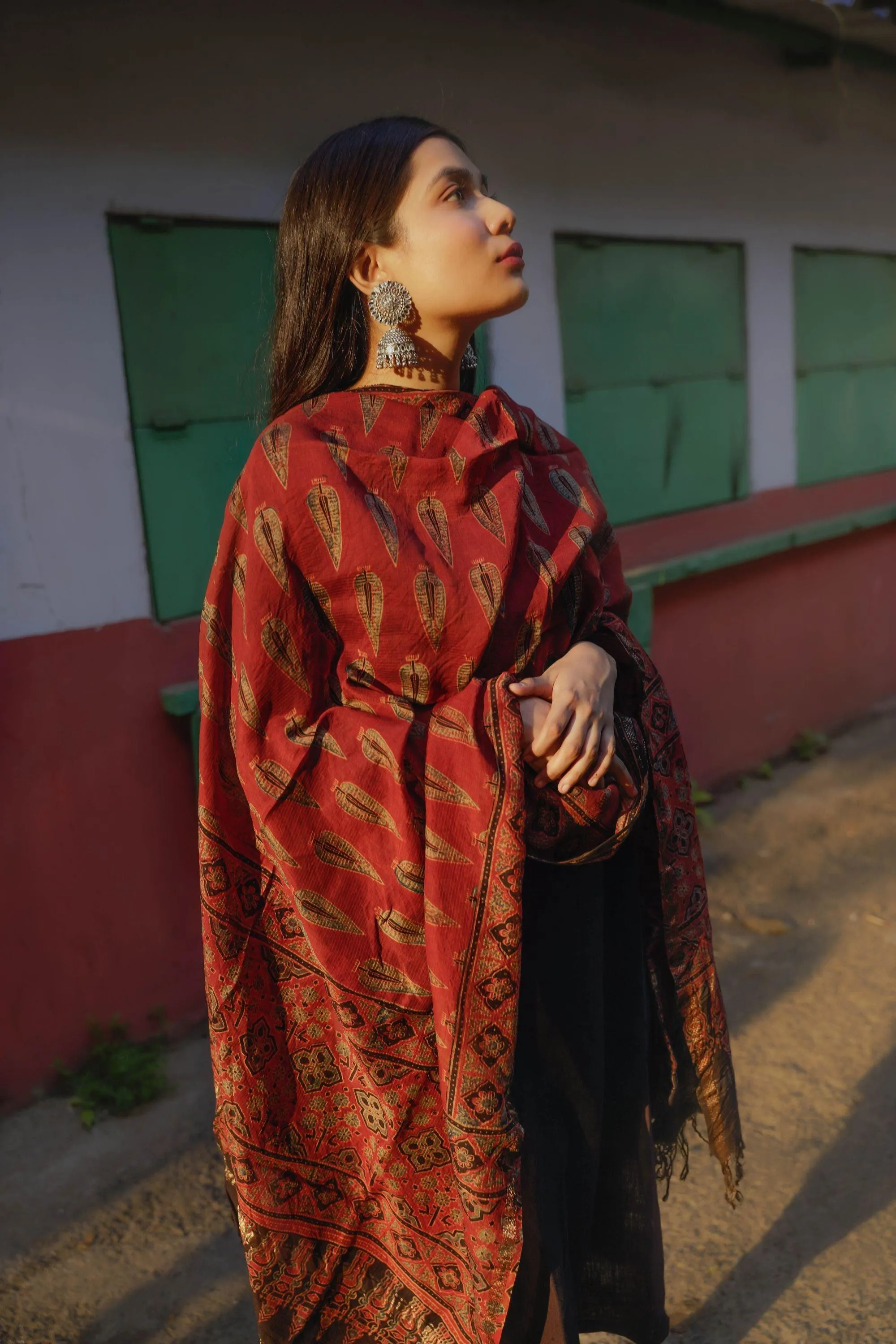 Kaisori Ajrakh Red Silk cotton dupatta