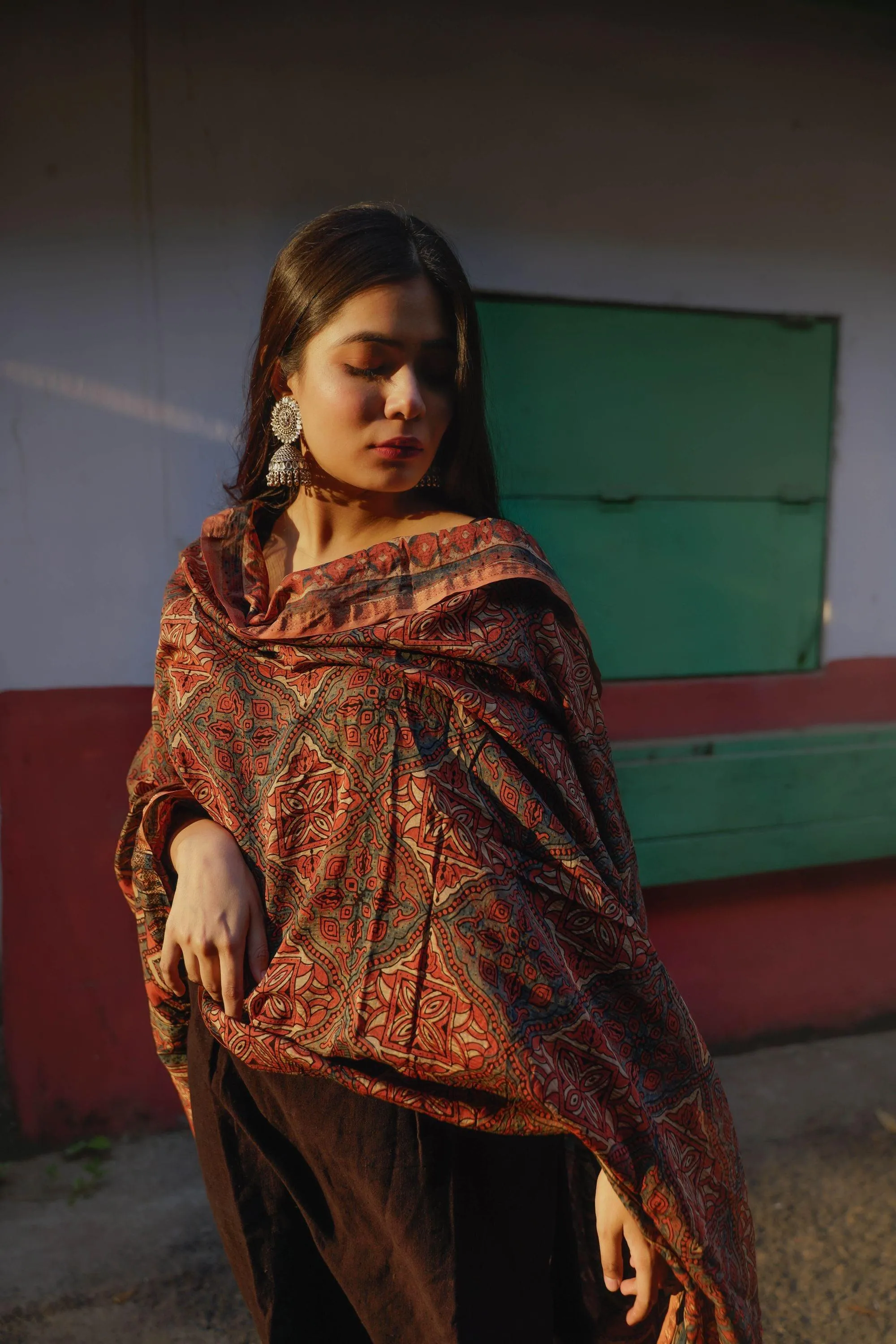 Kaisori Ajrakh Triad Red and Brown Silk cotton dupatta