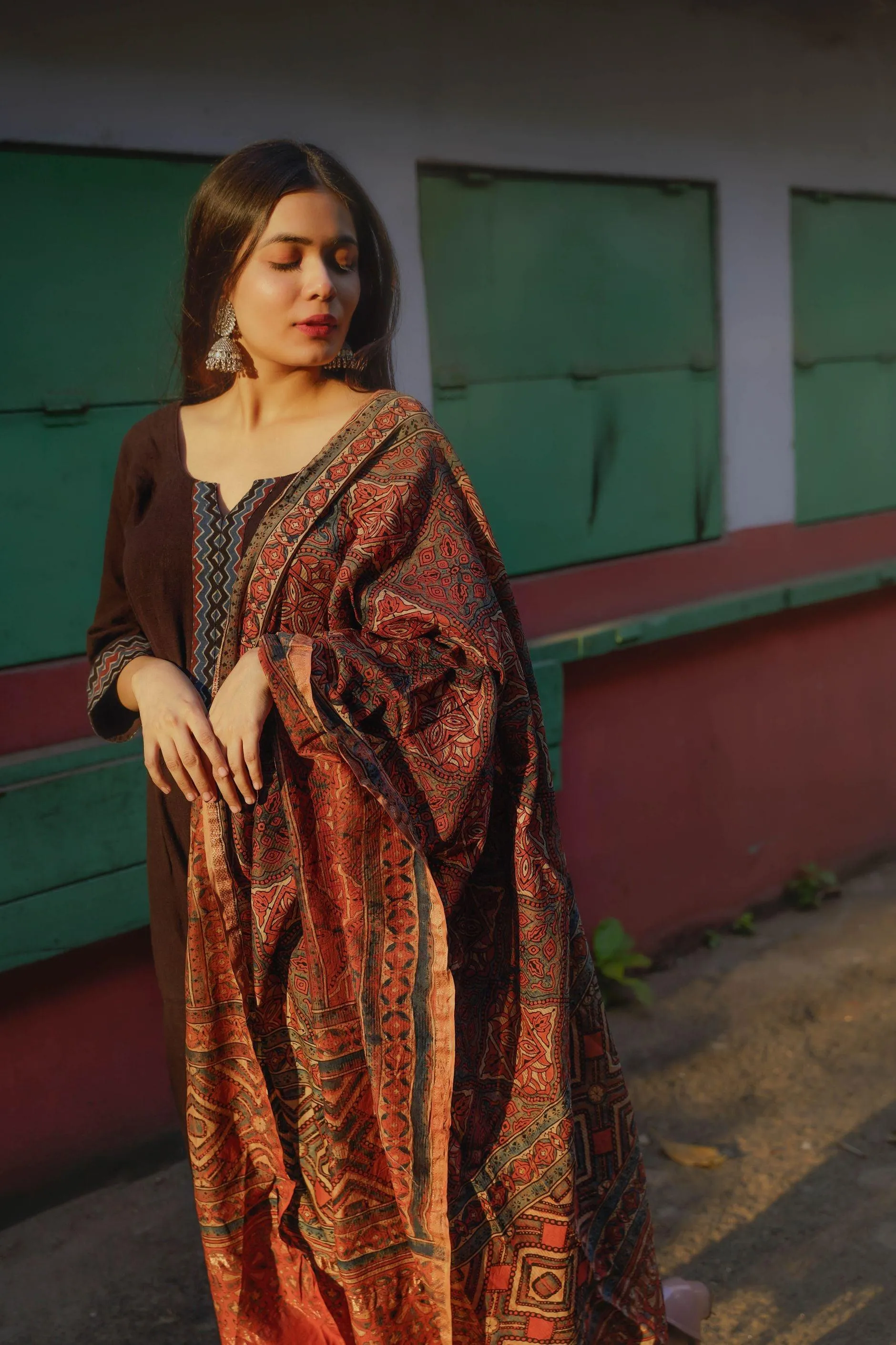 Kaisori Ajrakh Triad Red and Brown Silk cotton dupatta