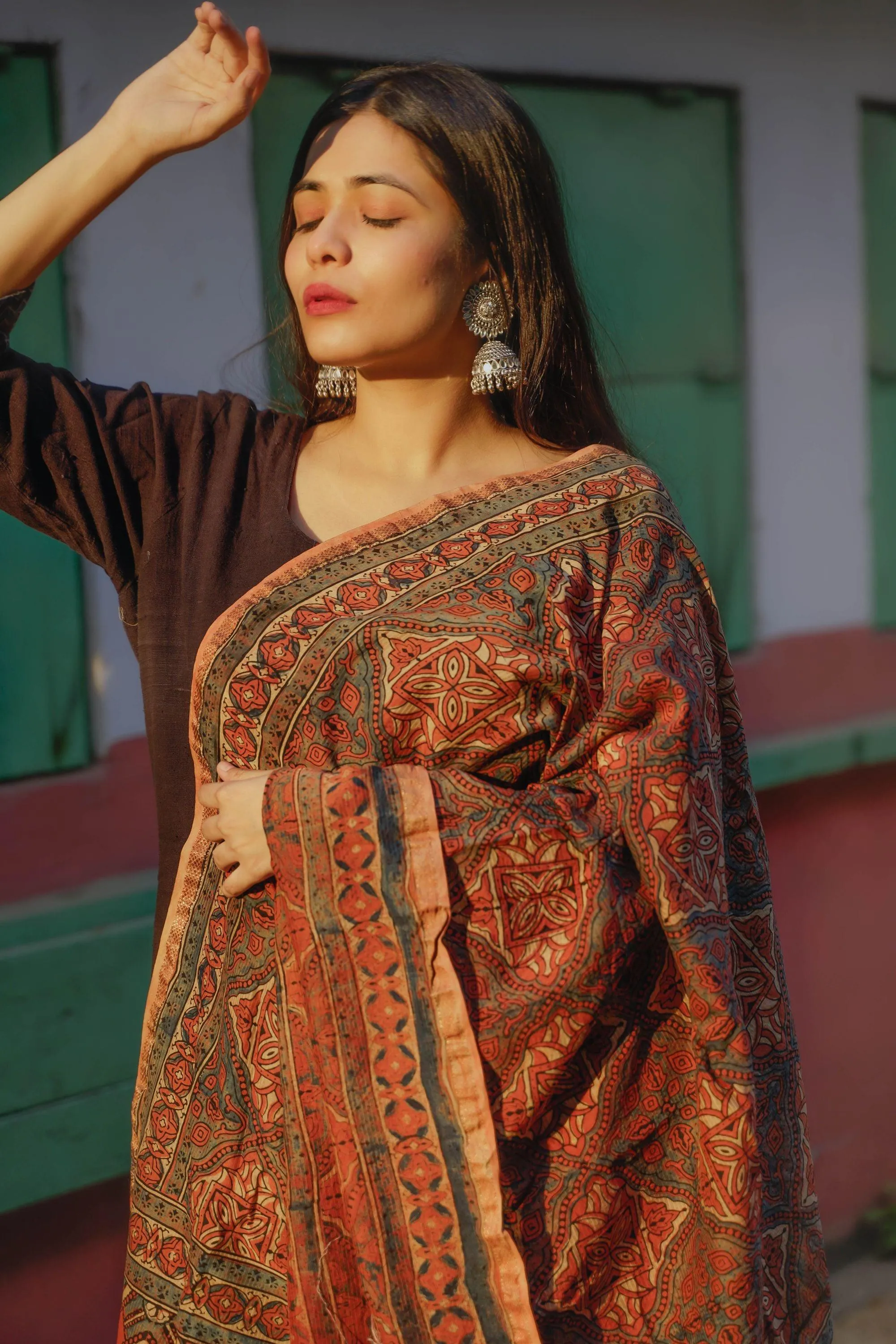 Kaisori Ajrakh Triad Red and Brown Silk cotton dupatta