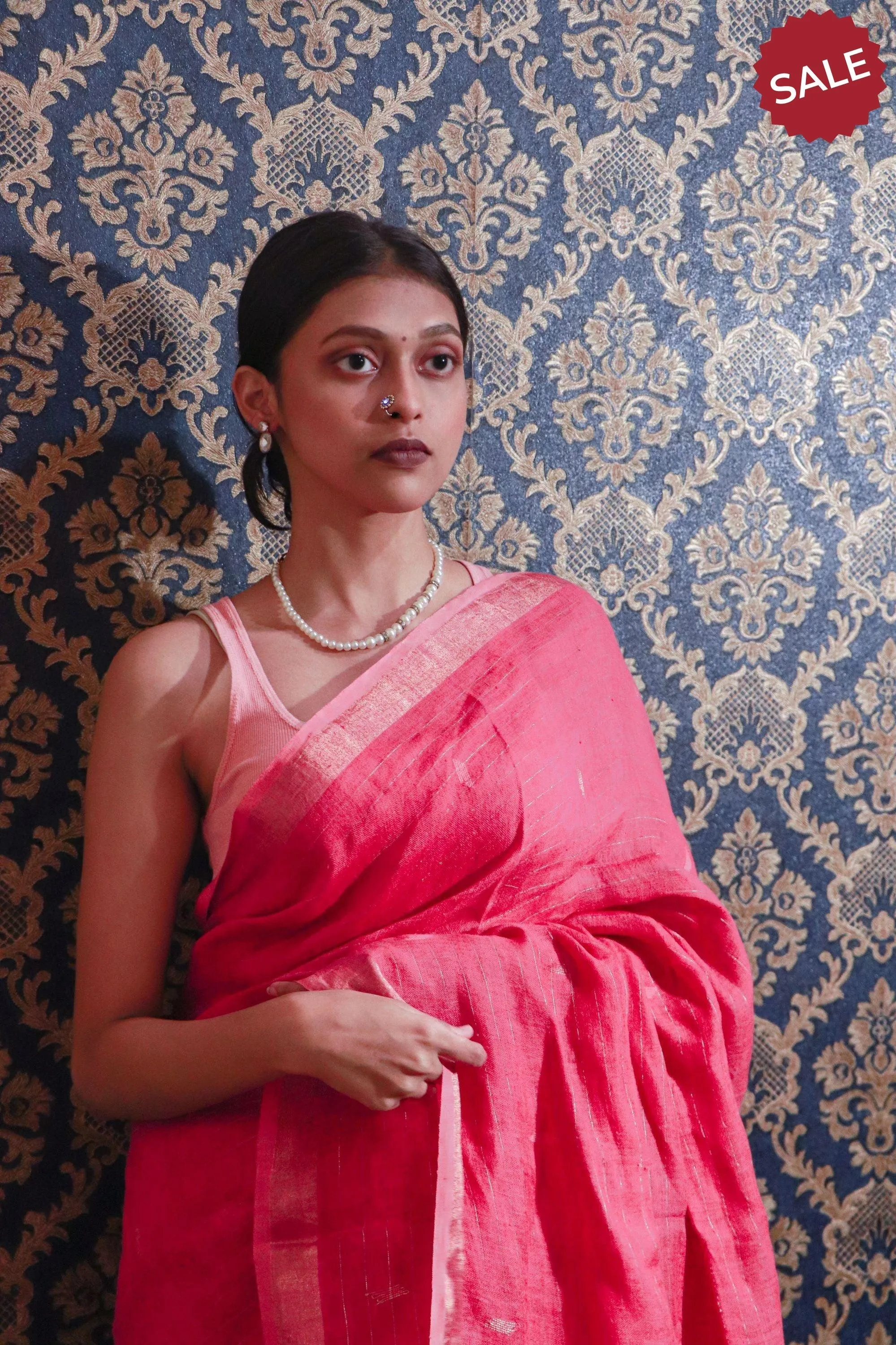 Kaisori Ekaya Gulab Jamdani Linen  saree