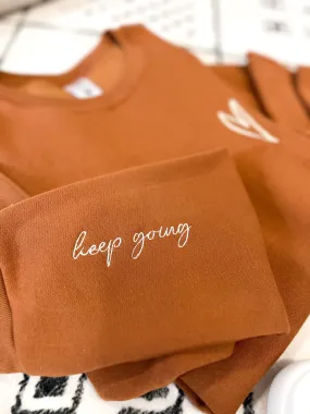 Keep Going Embroidered Signature Crew Neck Sweater - Toffee