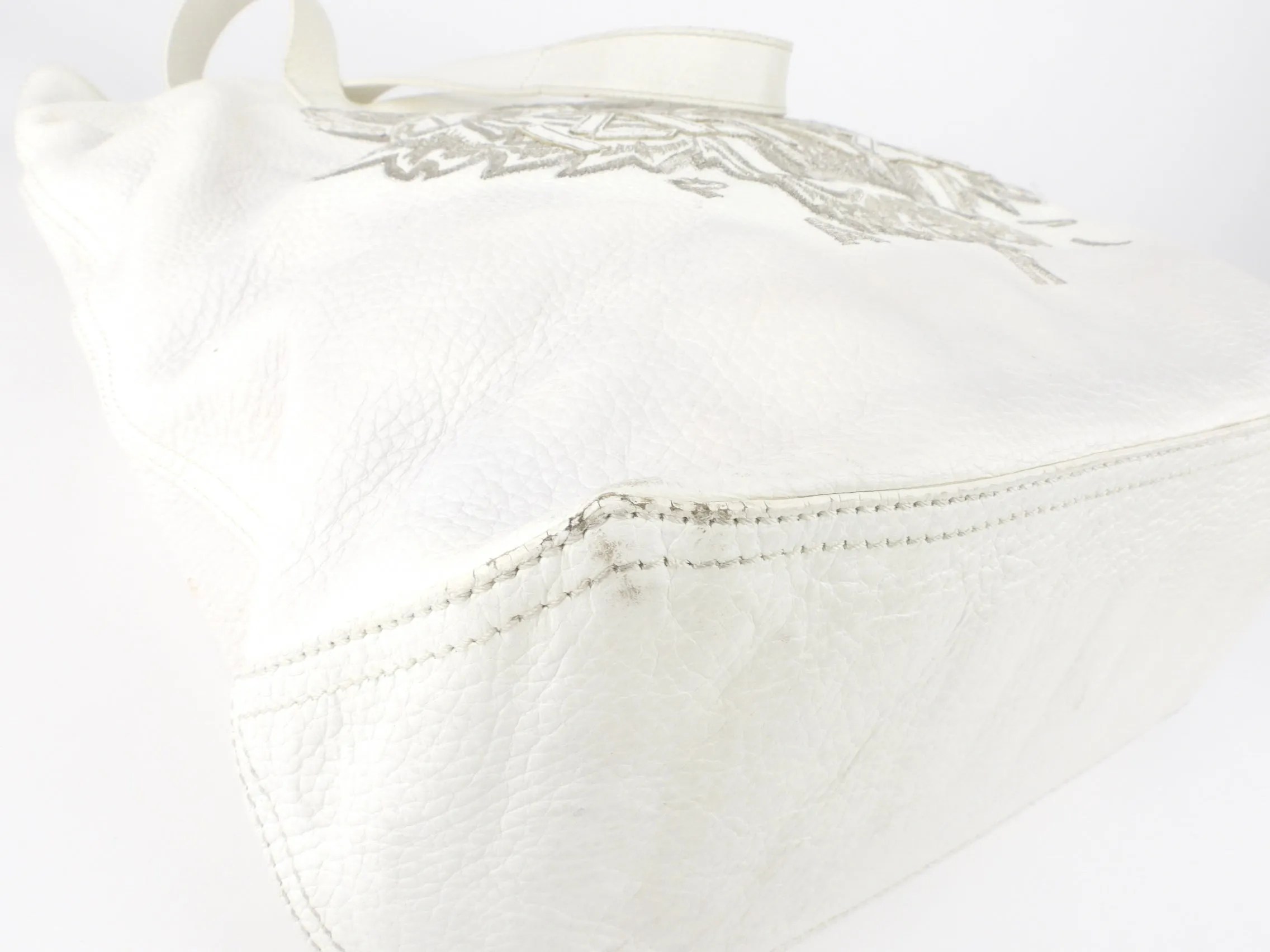 Kenzo Paris White Leather Tiger Logo Embroidered Tote