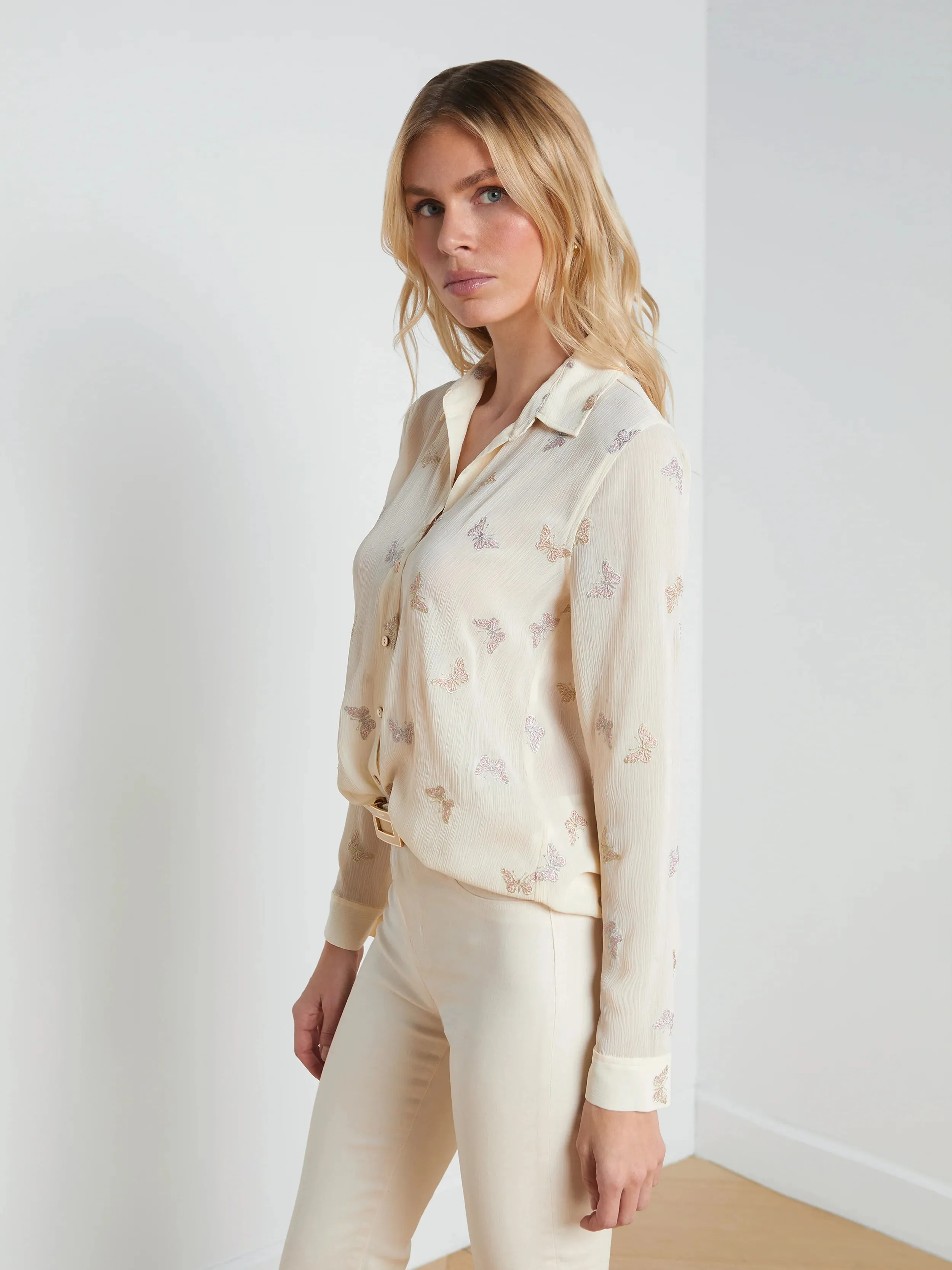 L’agence - Laurent Embroidered Blouse - Ecru Multi Small Butterfly Embroidery