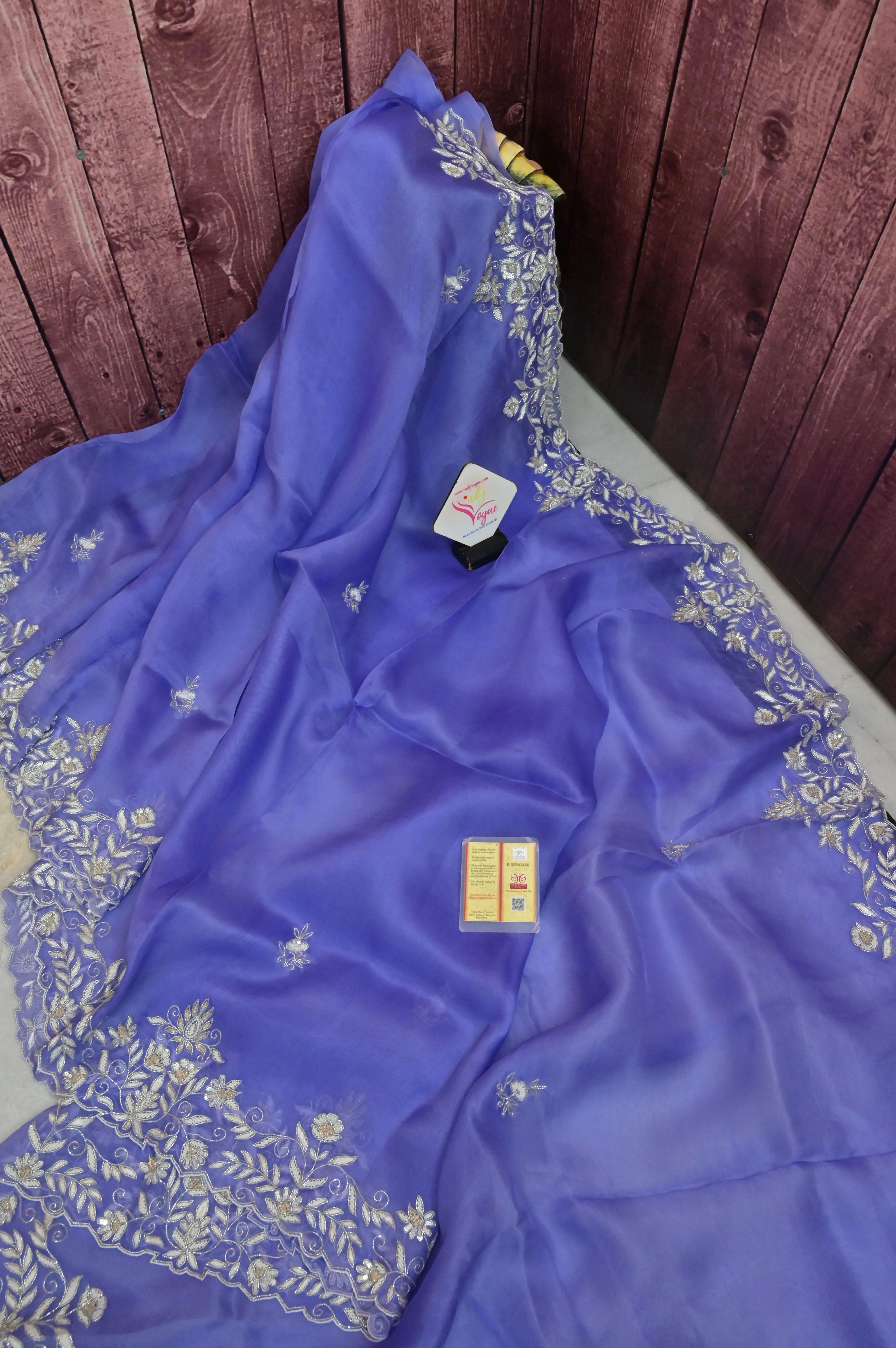 Lavender Color Pure Organza Saree with Hand Pearl and Cutdana Embroidery Work