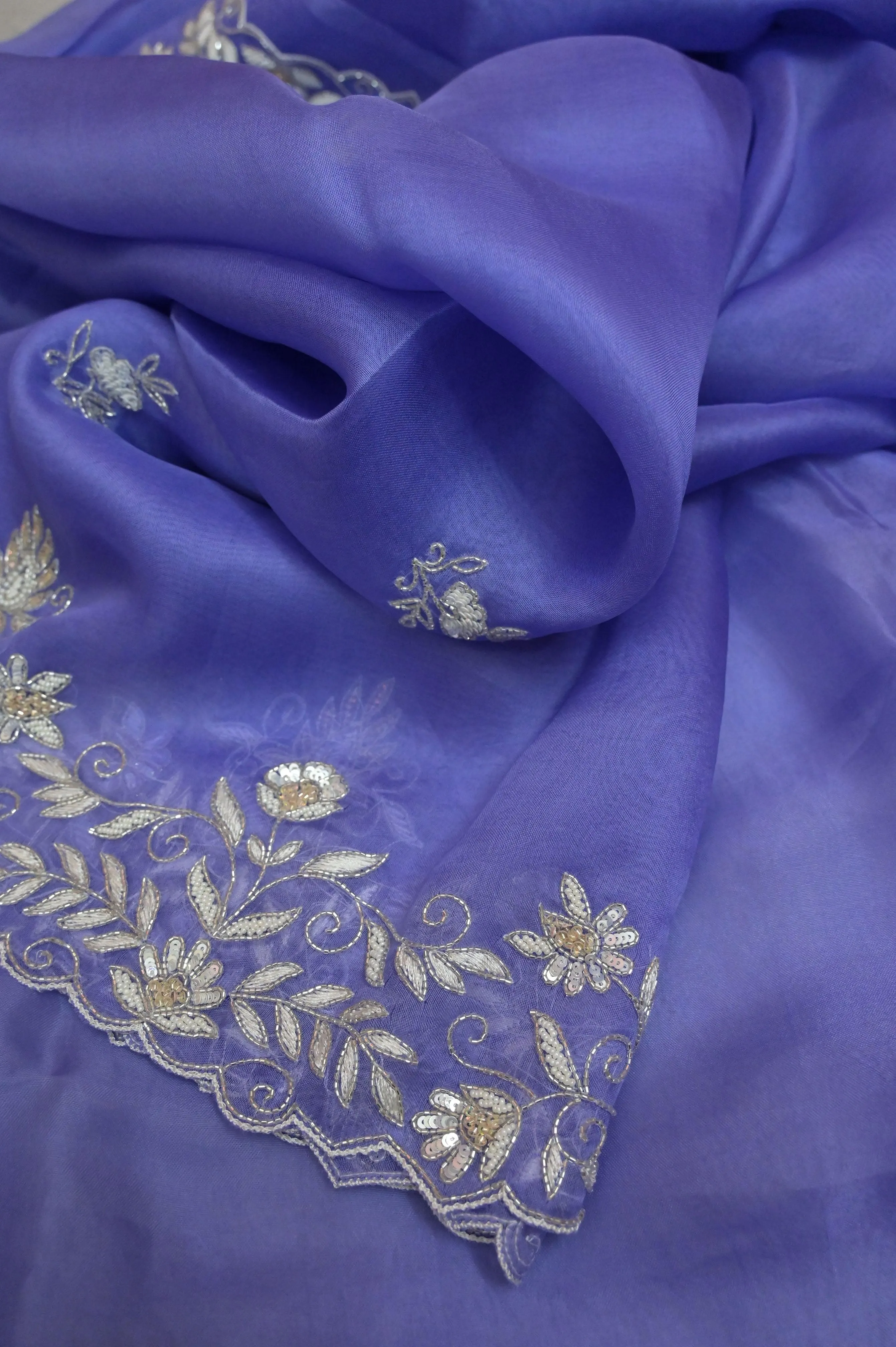 Lavender Color Pure Organza Saree with Hand Pearl and Cutdana Embroidery Work