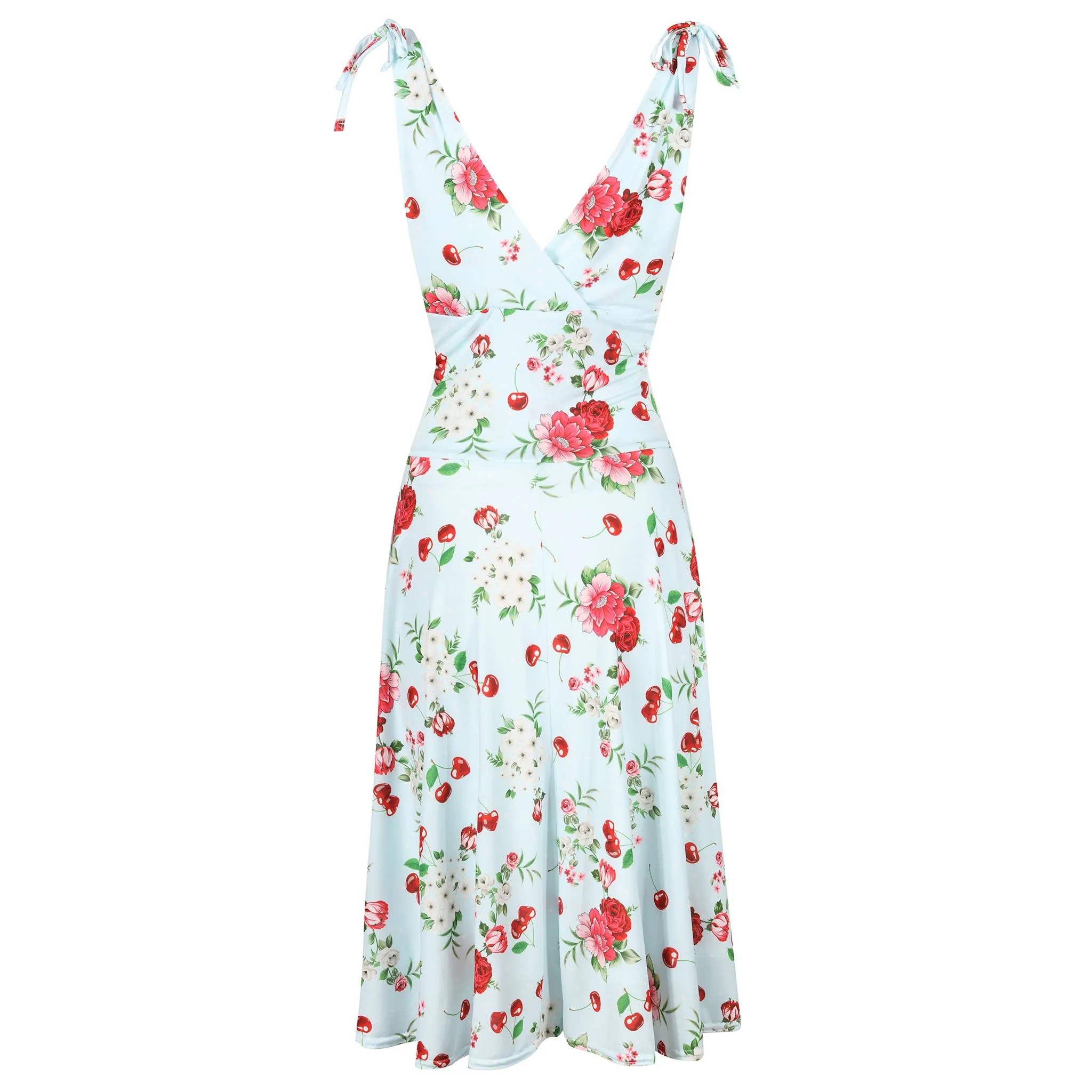 Light Blue Floral & Cherry Print V Neck Tie Shoulder 50s Swing Dress