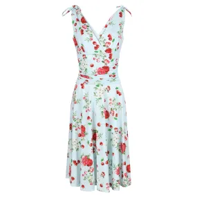 Light Blue Floral & Cherry Print V Neck Tie Shoulder 50s Swing Dress