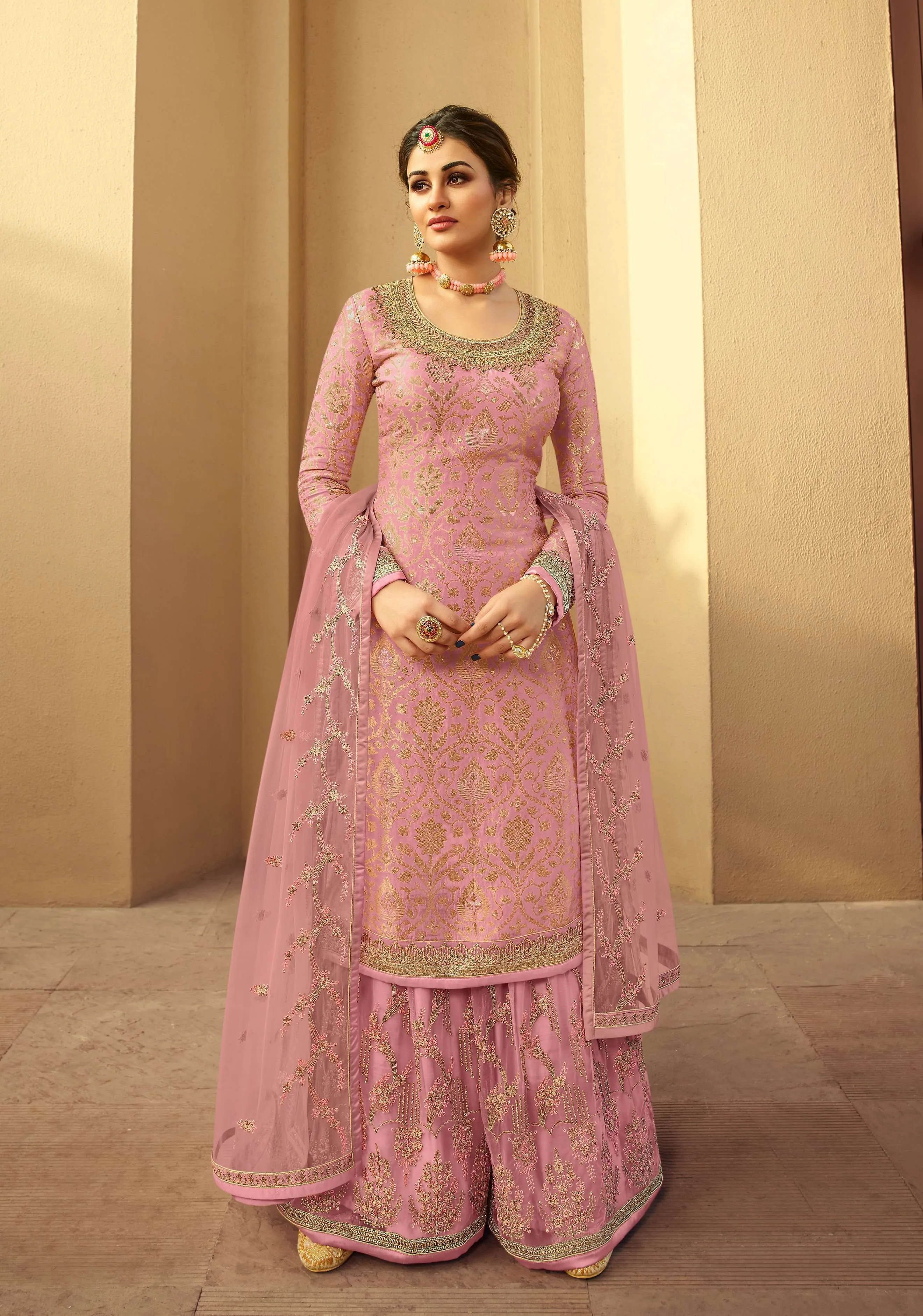 Light Pink Jacquard Silk Woven Palazzo Suit