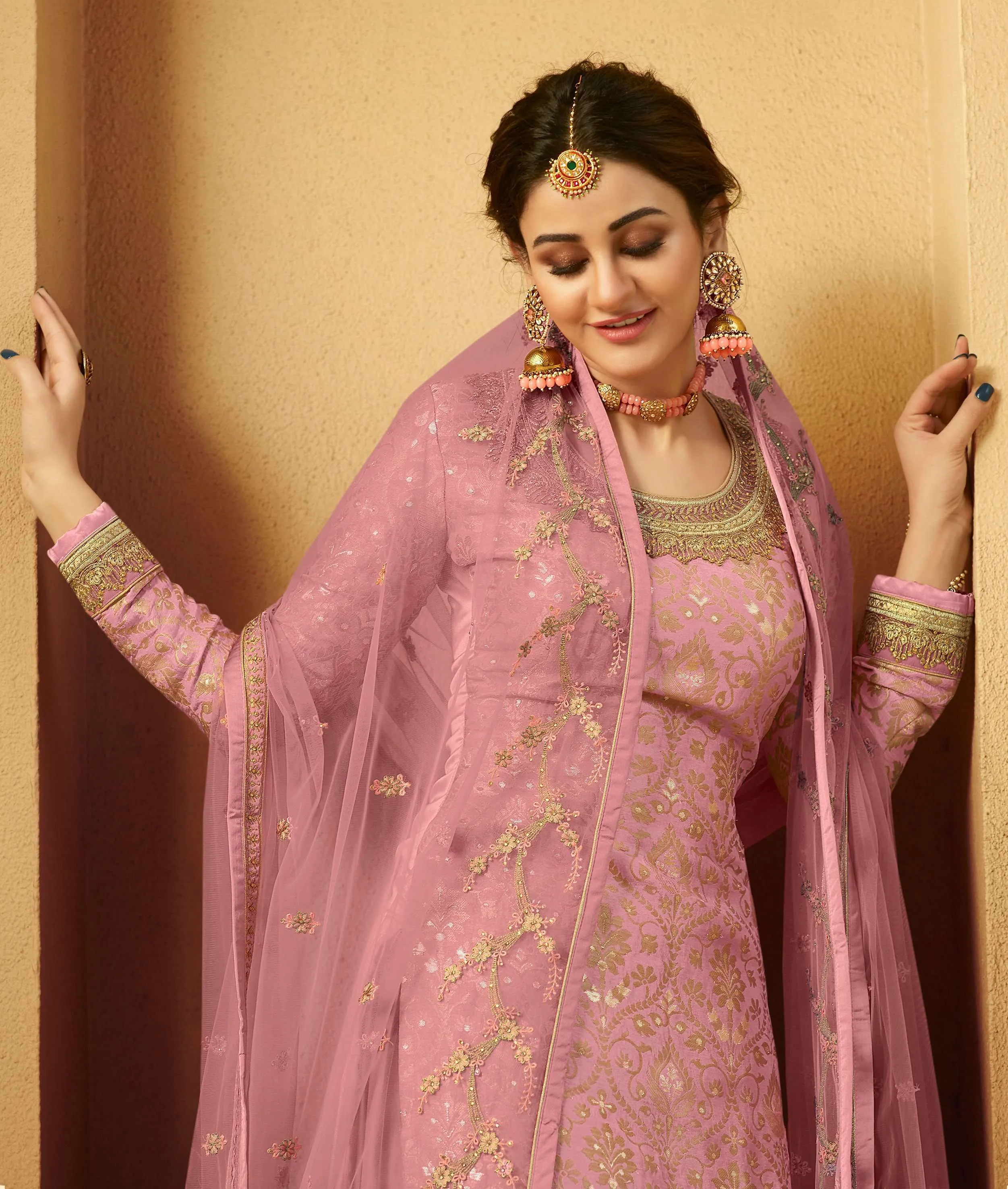 Light Pink Jacquard Silk Woven Palazzo Suit