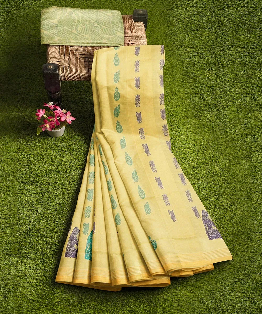 Light yellow plain butta handwoven rajahmundry cotton saree