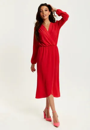 Liquorish Fake Wrap Midi Dress In Red