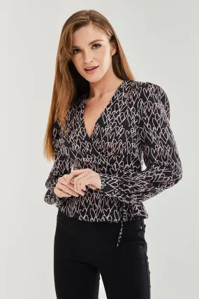 Liquorish Heart Print Wrap Top In Black