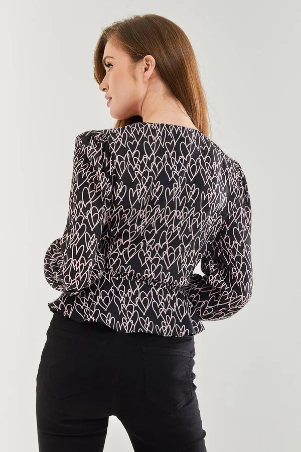 Liquorish Heart Print Wrap Top In Black