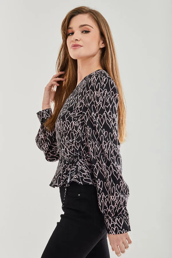 Liquorish Heart Print Wrap Top In Black