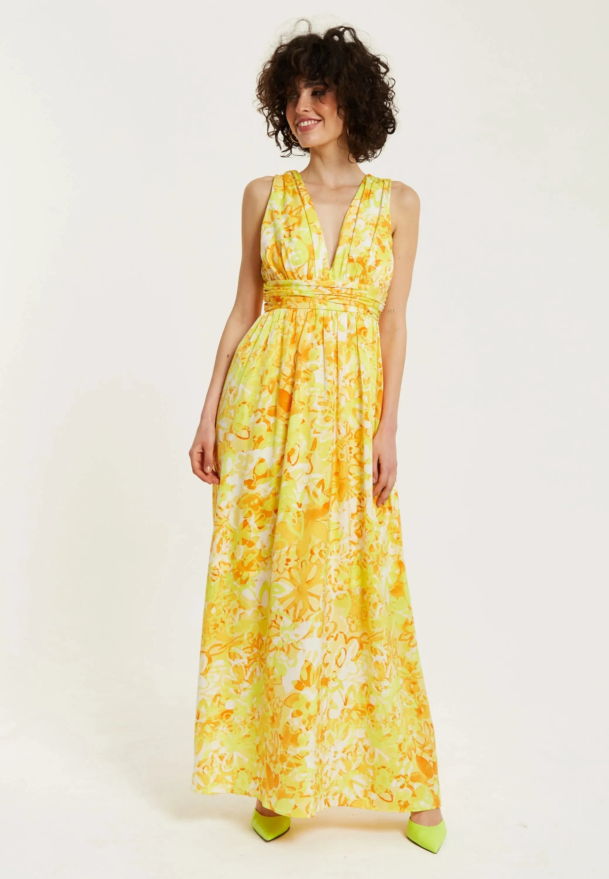 Liquorish Yellow And Orange Floral Print V-neck Maxi Dress