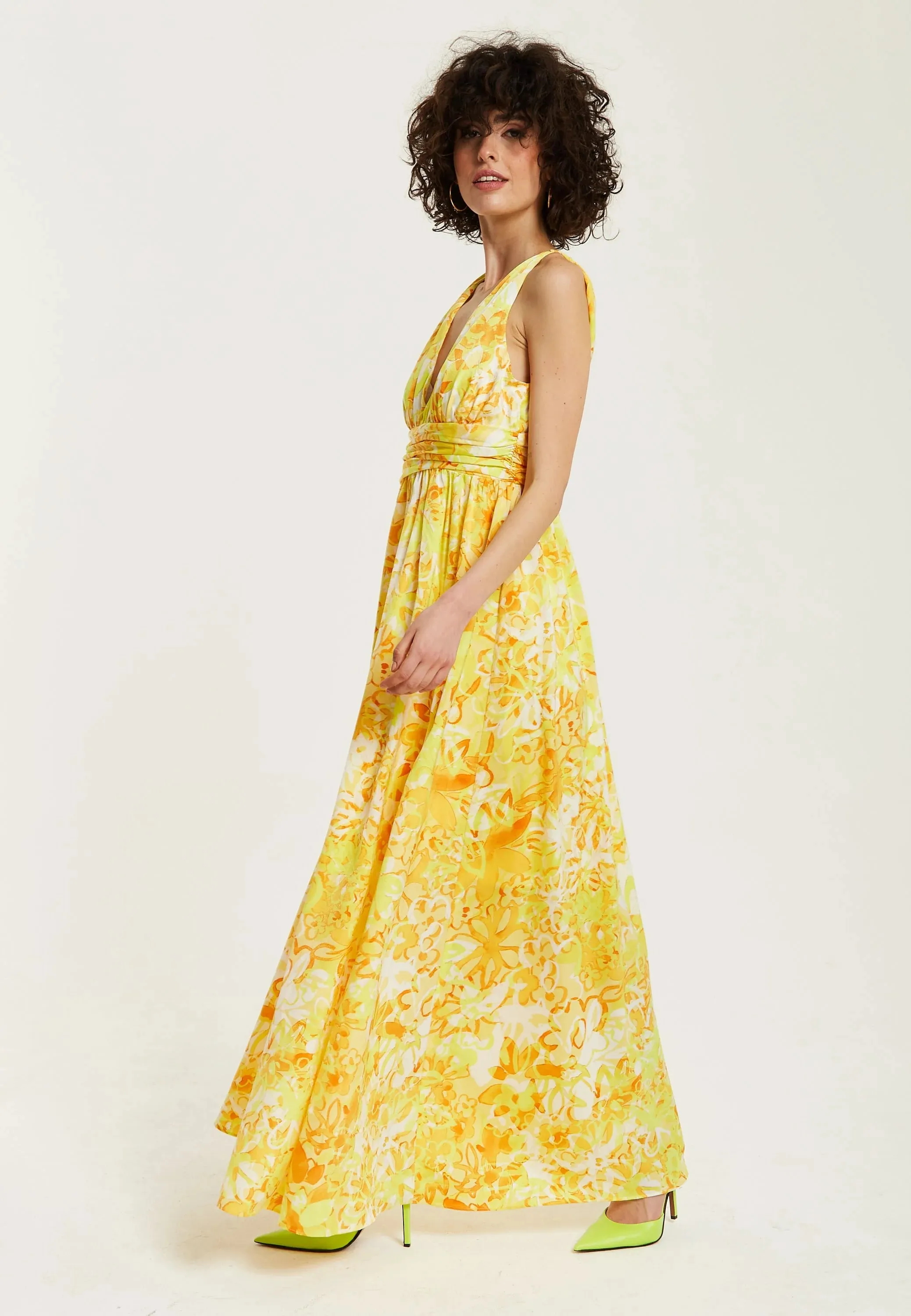 Liquorish Yellow And Orange Floral Print V-neck Maxi Dress