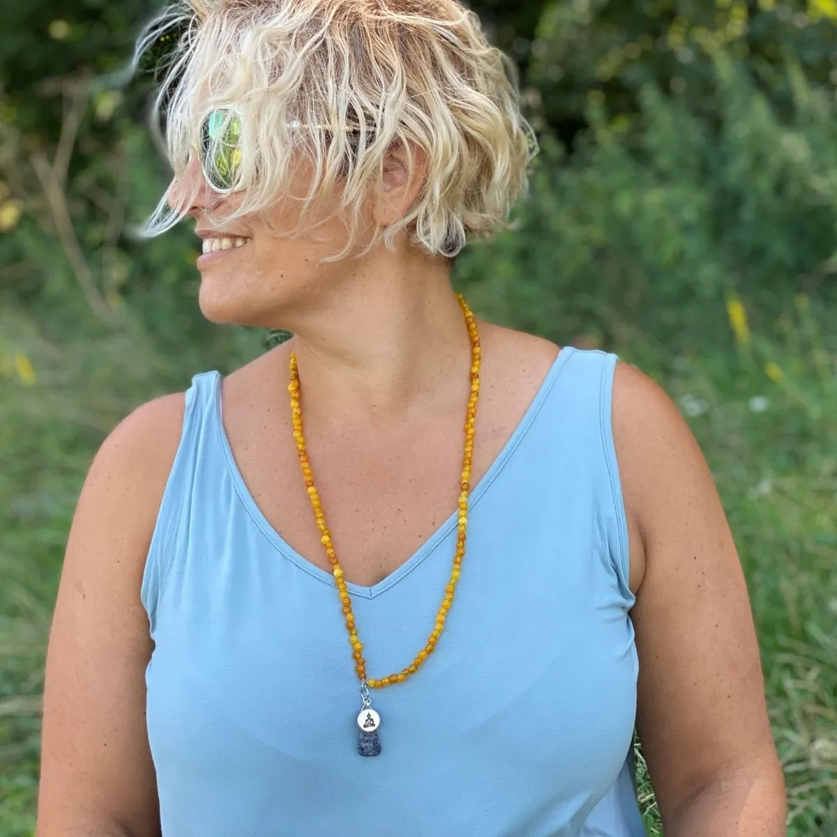 Meditating Yogi Necklace with Jade and Lapis Lazuli to Open the Mind to All Possibilities