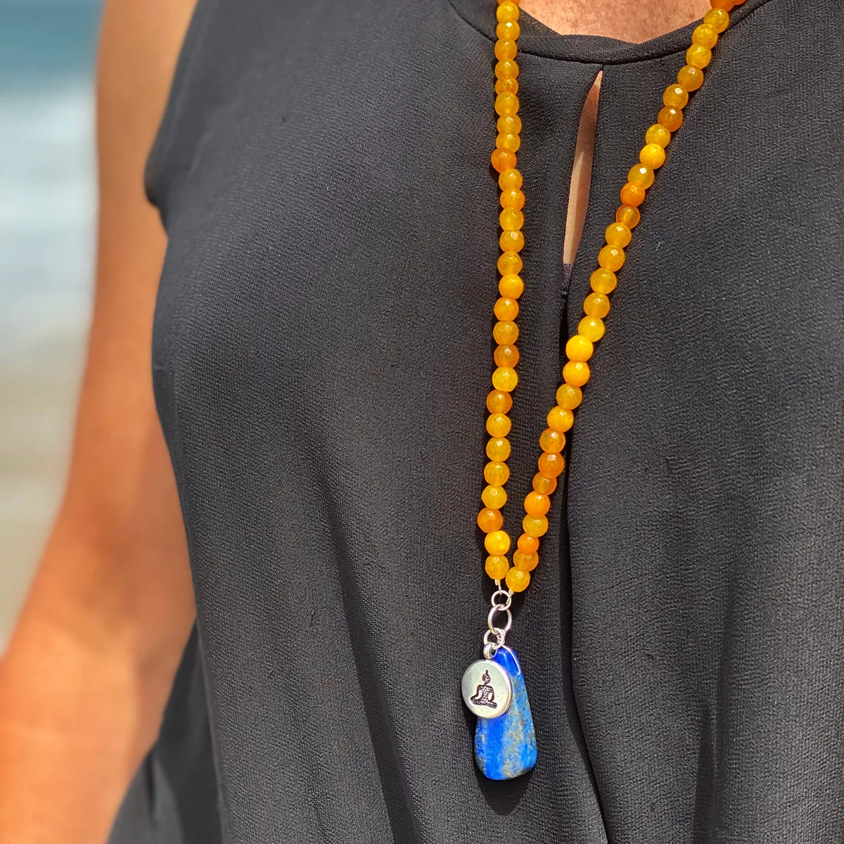 Meditating Yogi Necklace with Jade and Lapis Lazuli to Open the Mind to All Possibilities