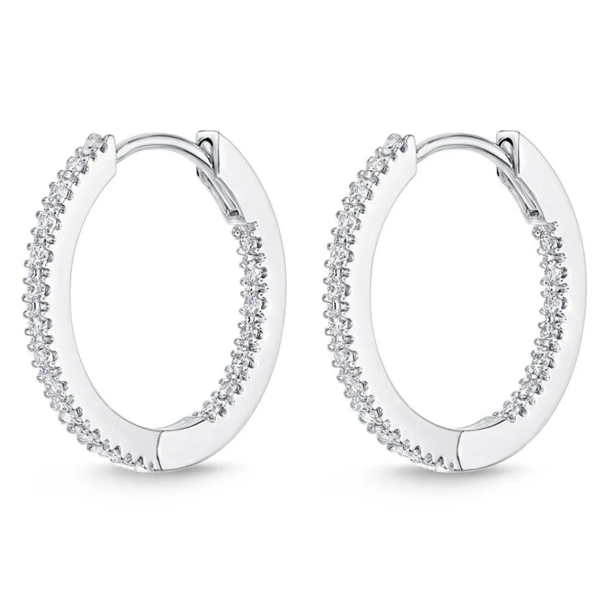 Memoire 18k White Gold Oval Hinged Diamond Hoop Earrings