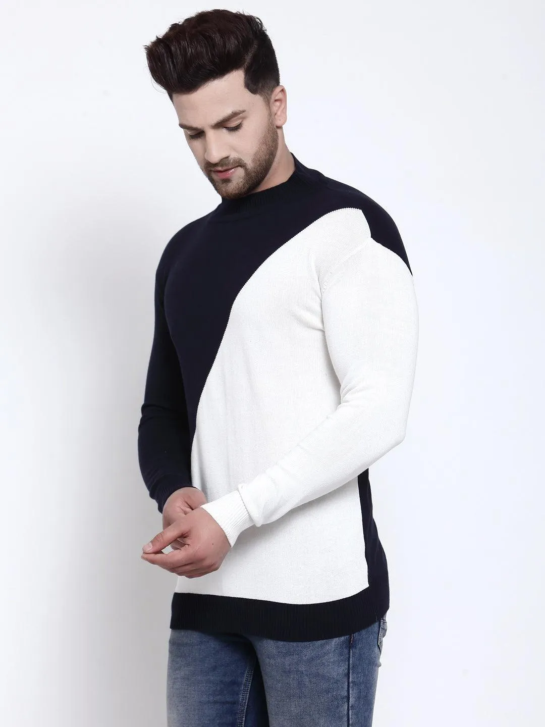 Mens Navy Blue Solid Sweaters