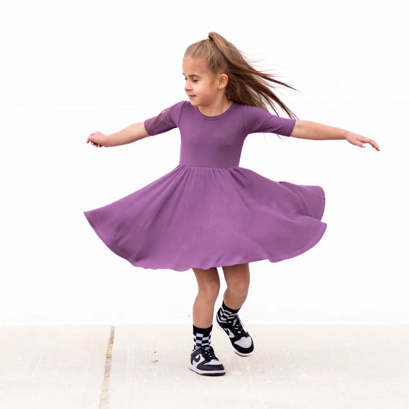 MID SLEEVE TWIRL DRESS- Plum Ribbed