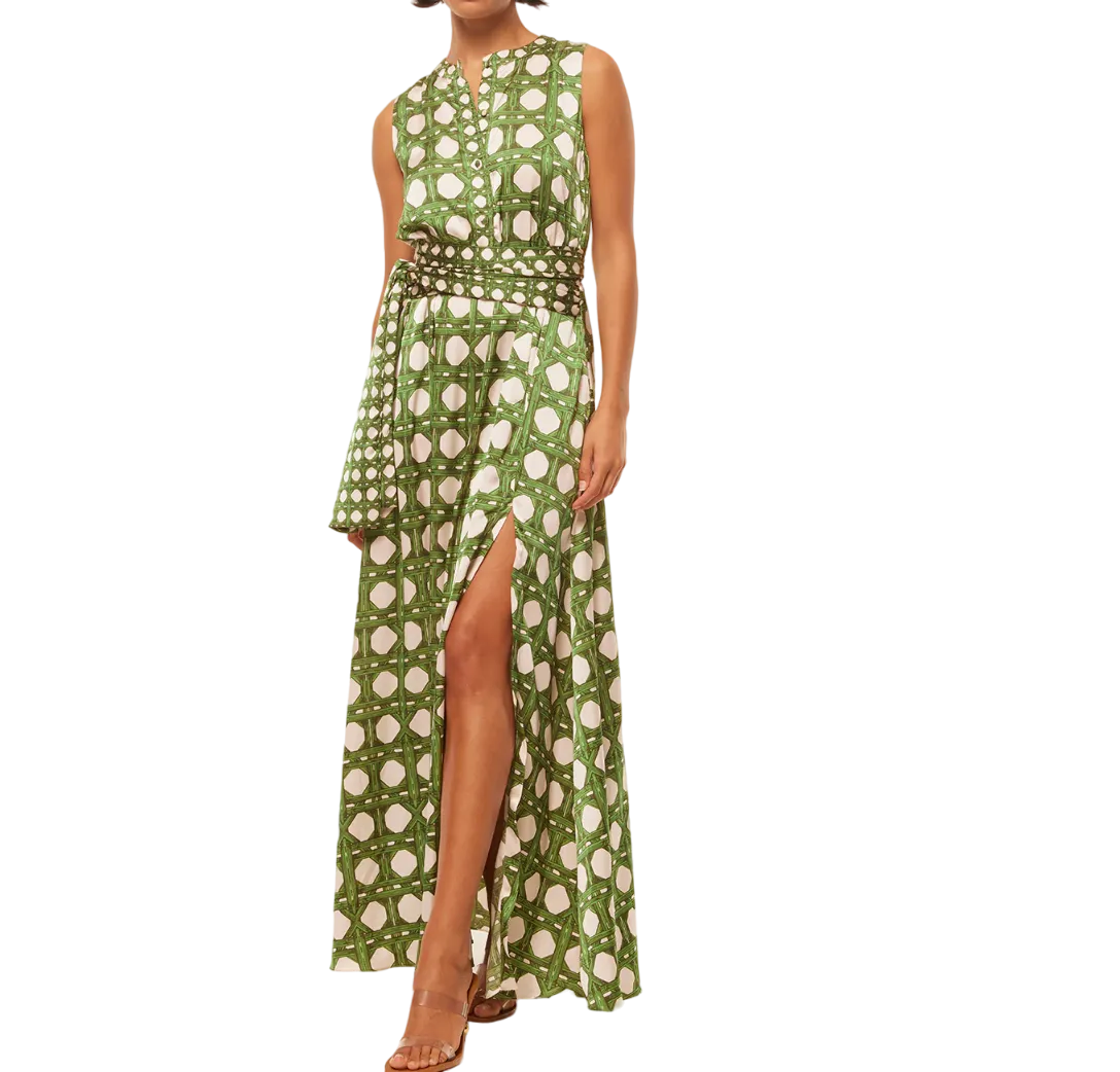 MISA Los Angeles Green Bamboo Print Maxi Dress UK XS