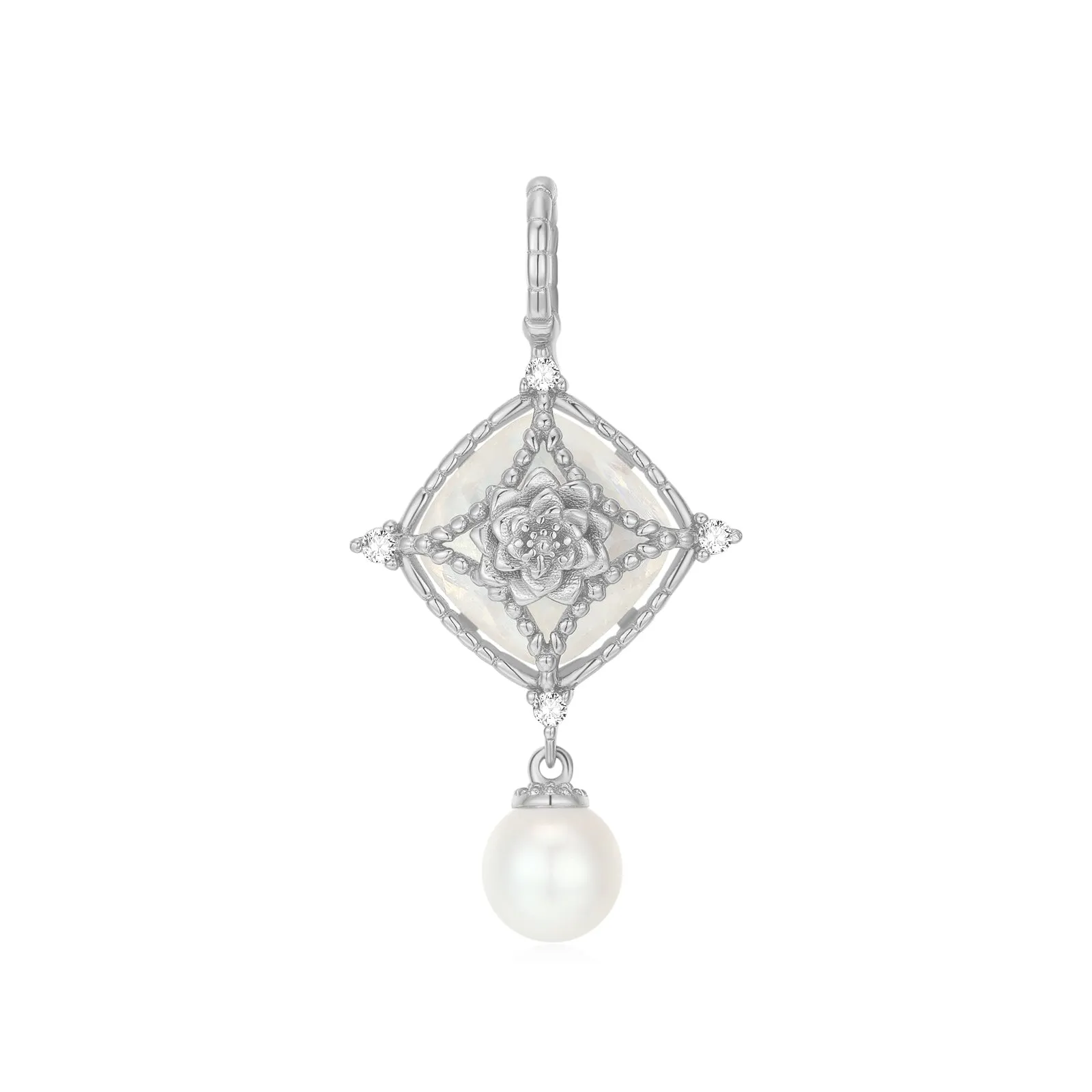 Moonstone & Freshwater Pearl Silver Pendant - Water Lily