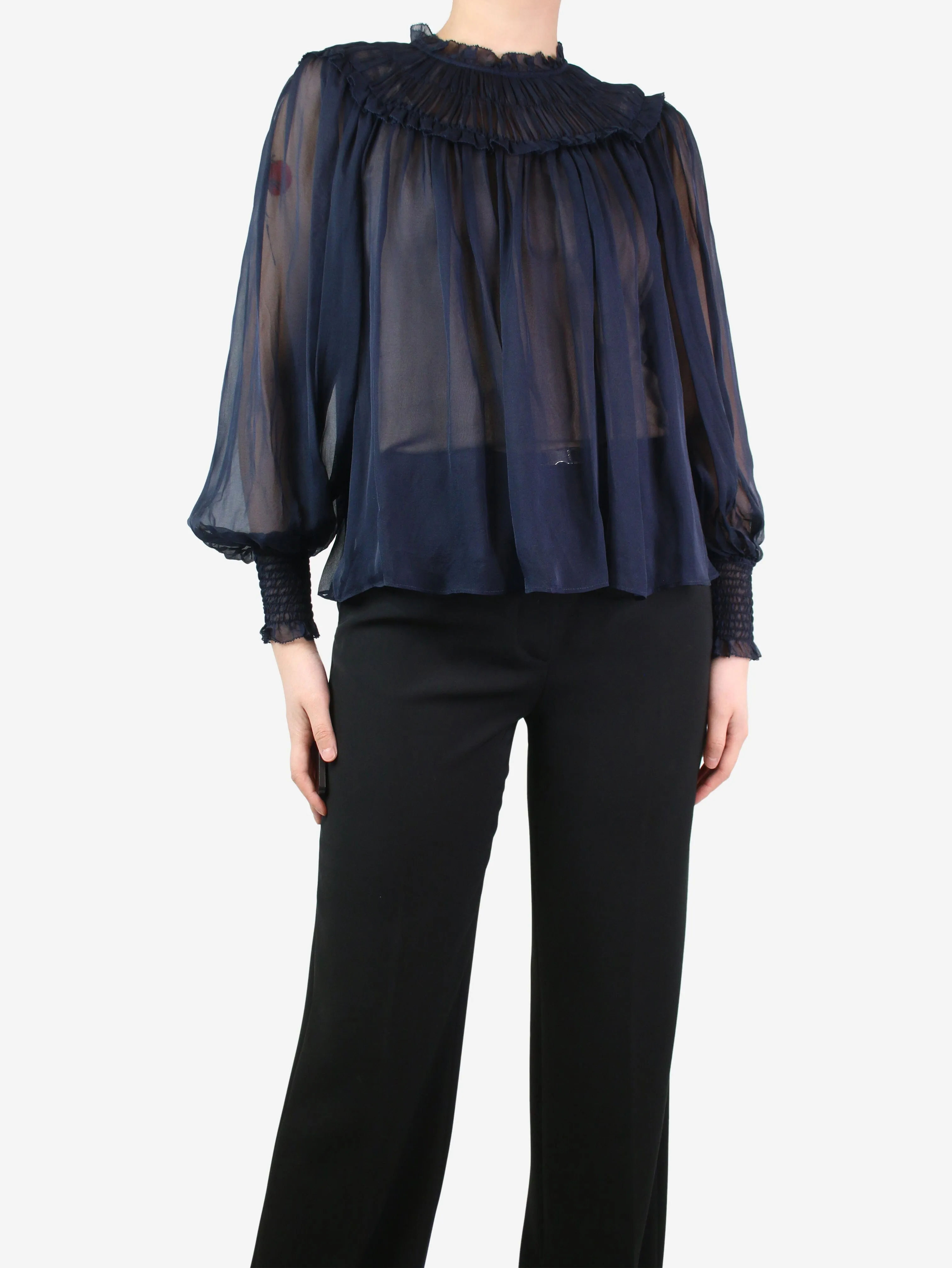 Navy blue sheer puff-sleeved blouse - size UK 8