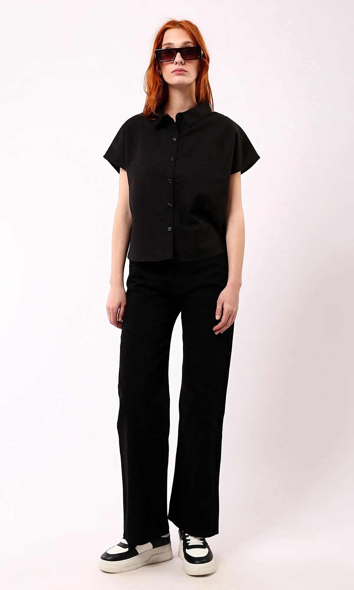 O179201 Summer Black Short Shirt With Turn Down Collar