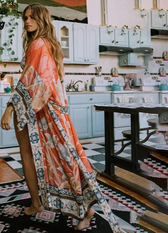 Orange Print Floral Kimono Loose Long One Size Cardigan