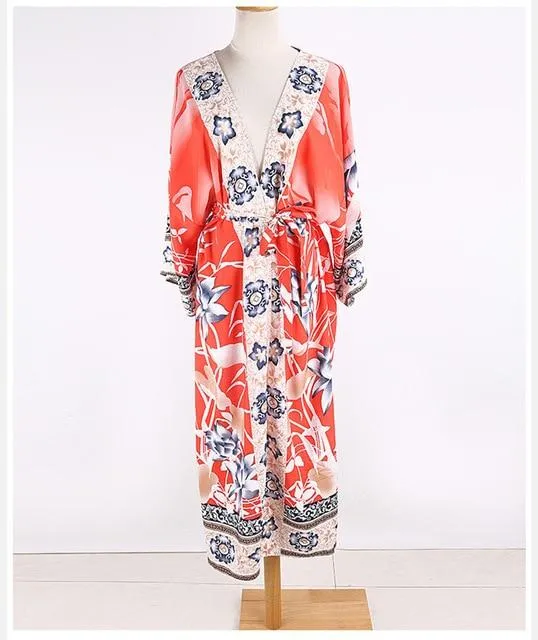 Orange Print Floral Kimono Loose Long One Size Cardigan