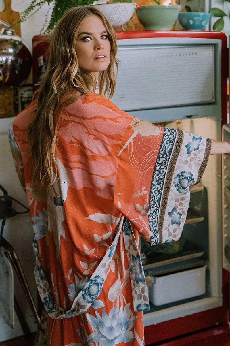 Orange Print Floral Kimono Loose Long One Size Cardigan